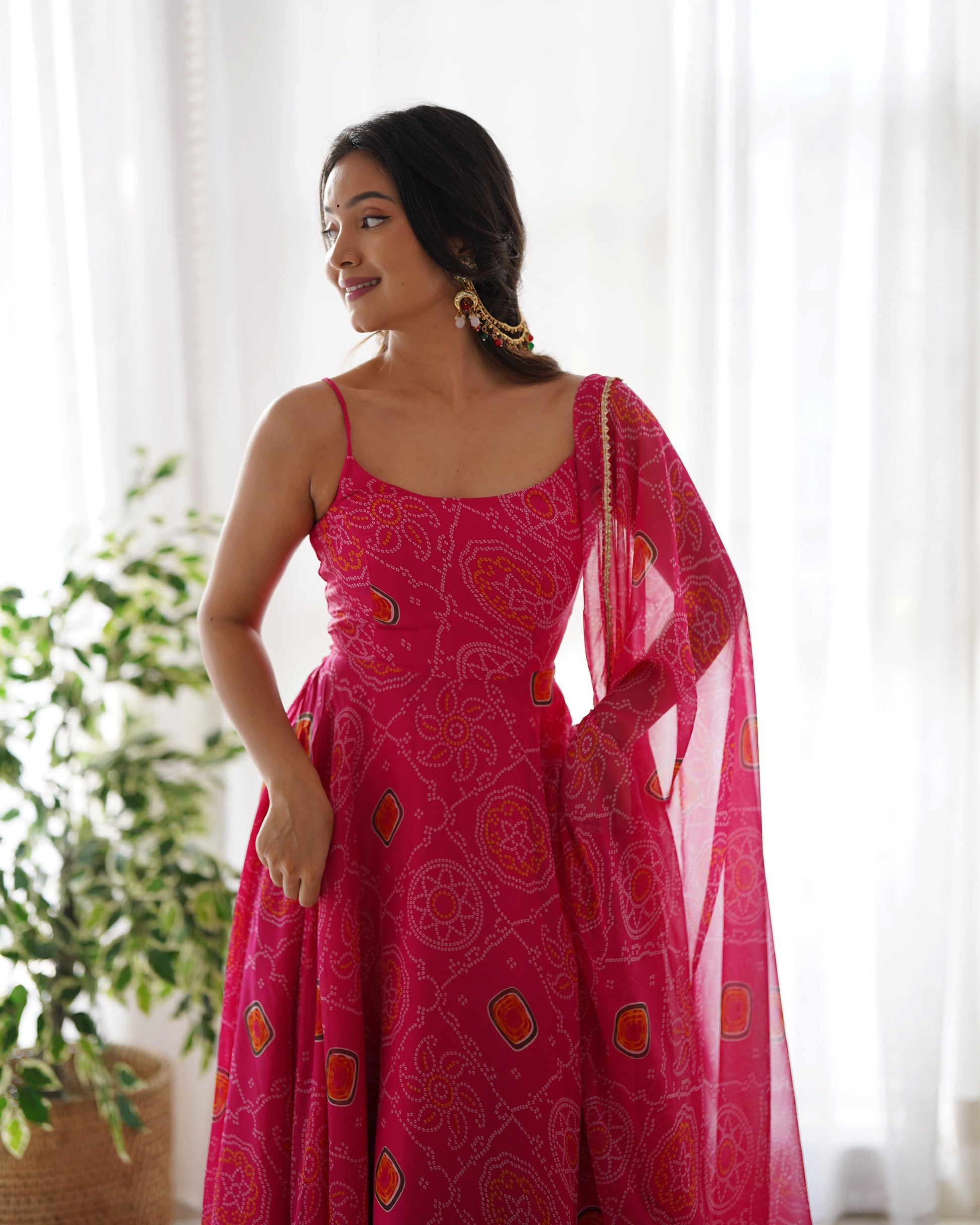 Spectacular Pink Chiffon Bandhej Printed Stitched Anarkali Pant Suit - INDIAN ELEGANCE