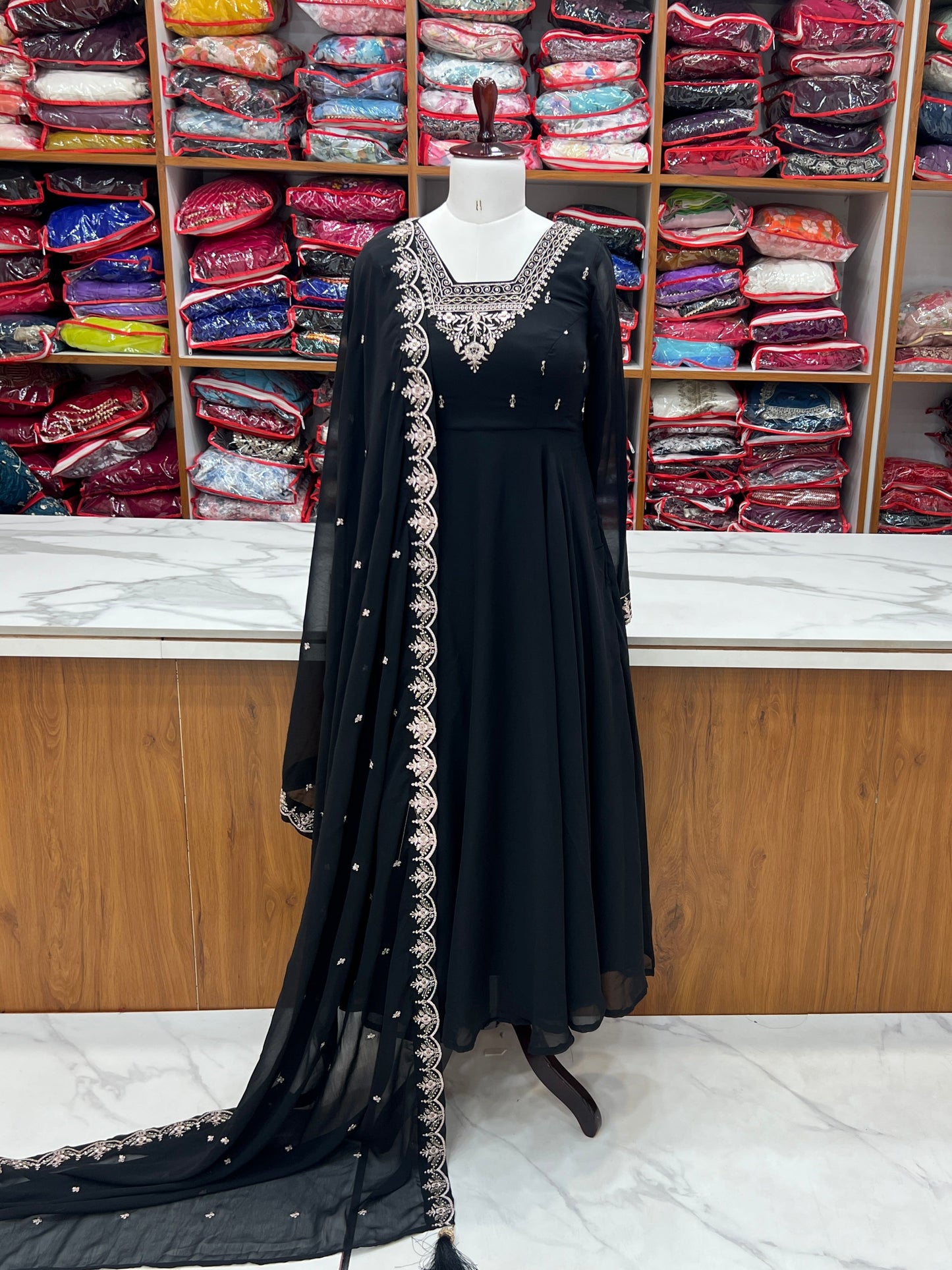 Premium Embroidered Faux Georgette Anarkali Set – Fully Stitched & Elegant