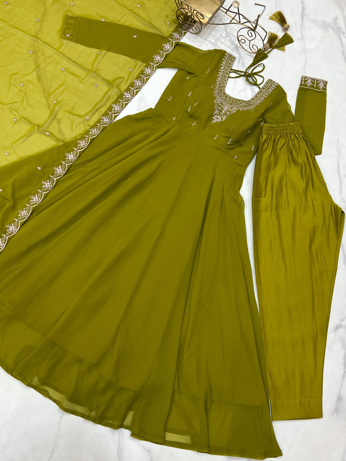 Premium Embroidered Faux Georgette Anarkali Set – Fully Stitched & Elegant