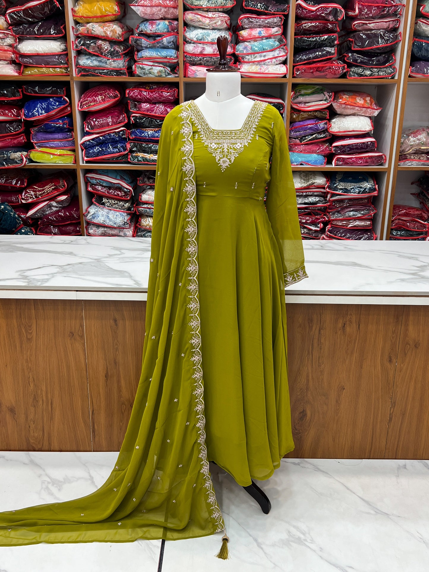 Premium Embroidered Faux Georgette Anarkali Set – Fully Stitched & Elegant