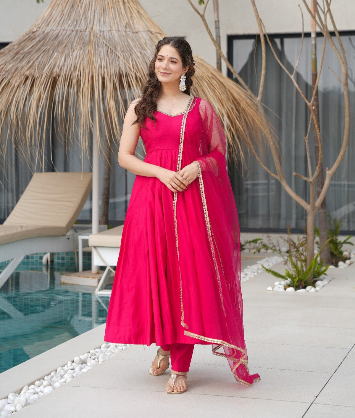 Pink Roman Silk Chanderi Anarkali Set – Fully Stitched & Ready to Wear