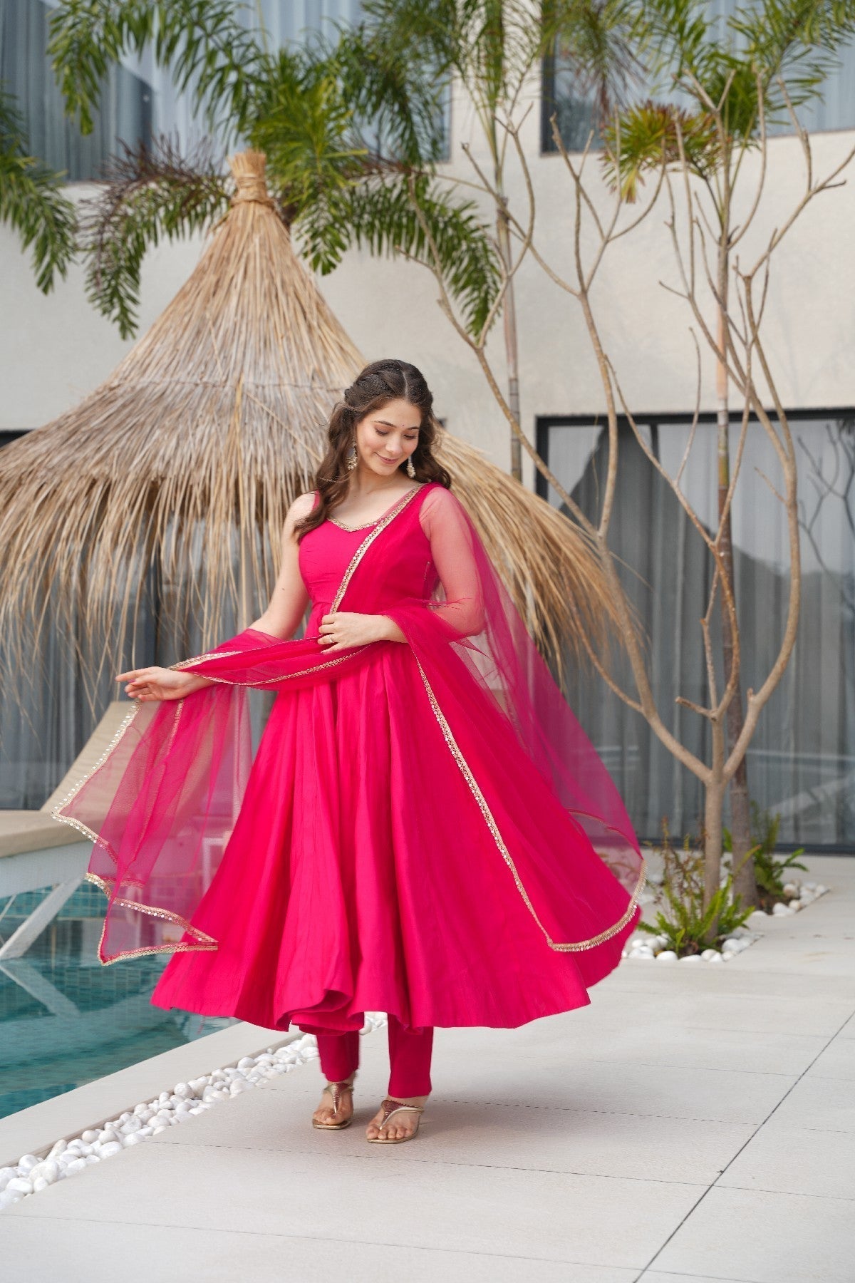 Pink Roman Silk Chanderi Anarkali Set – Fully Stitched & Ready to Wear