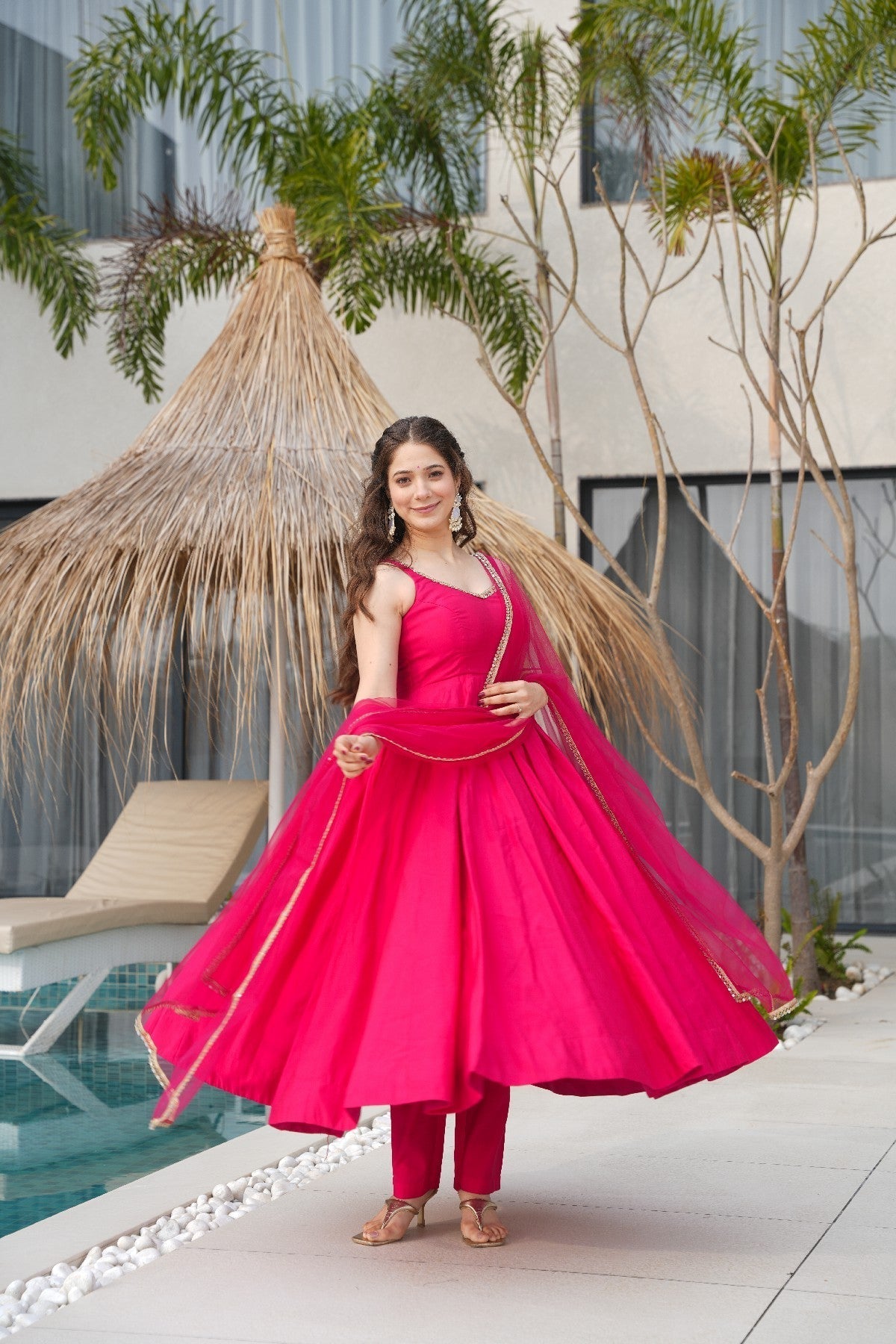 Pink Roman Silk Chanderi Anarkali Set – Fully Stitched & Ready to Wear