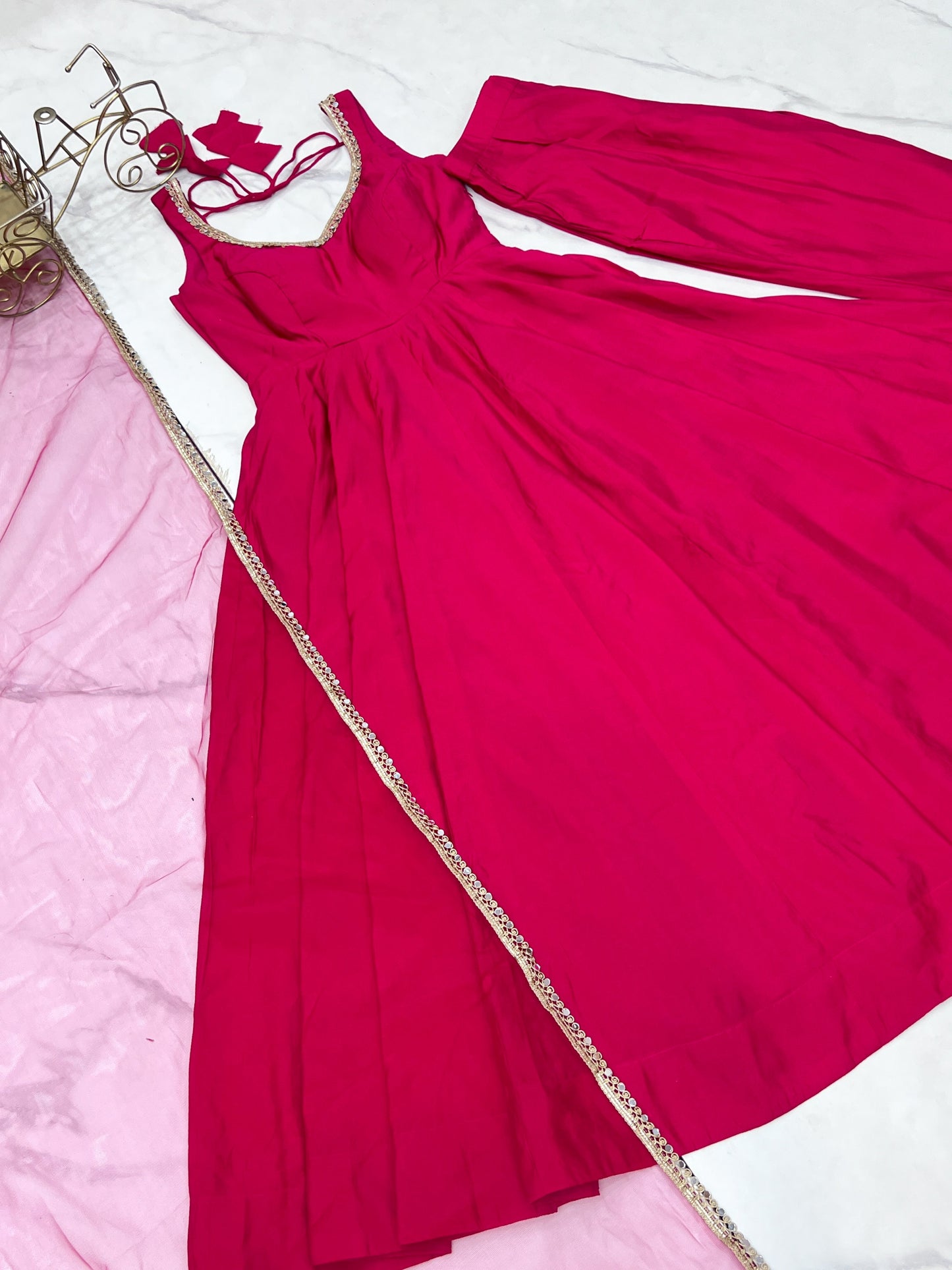 Pink Roman Silk Chanderi Anarkali Set – Fully Stitched & Ready to Wear