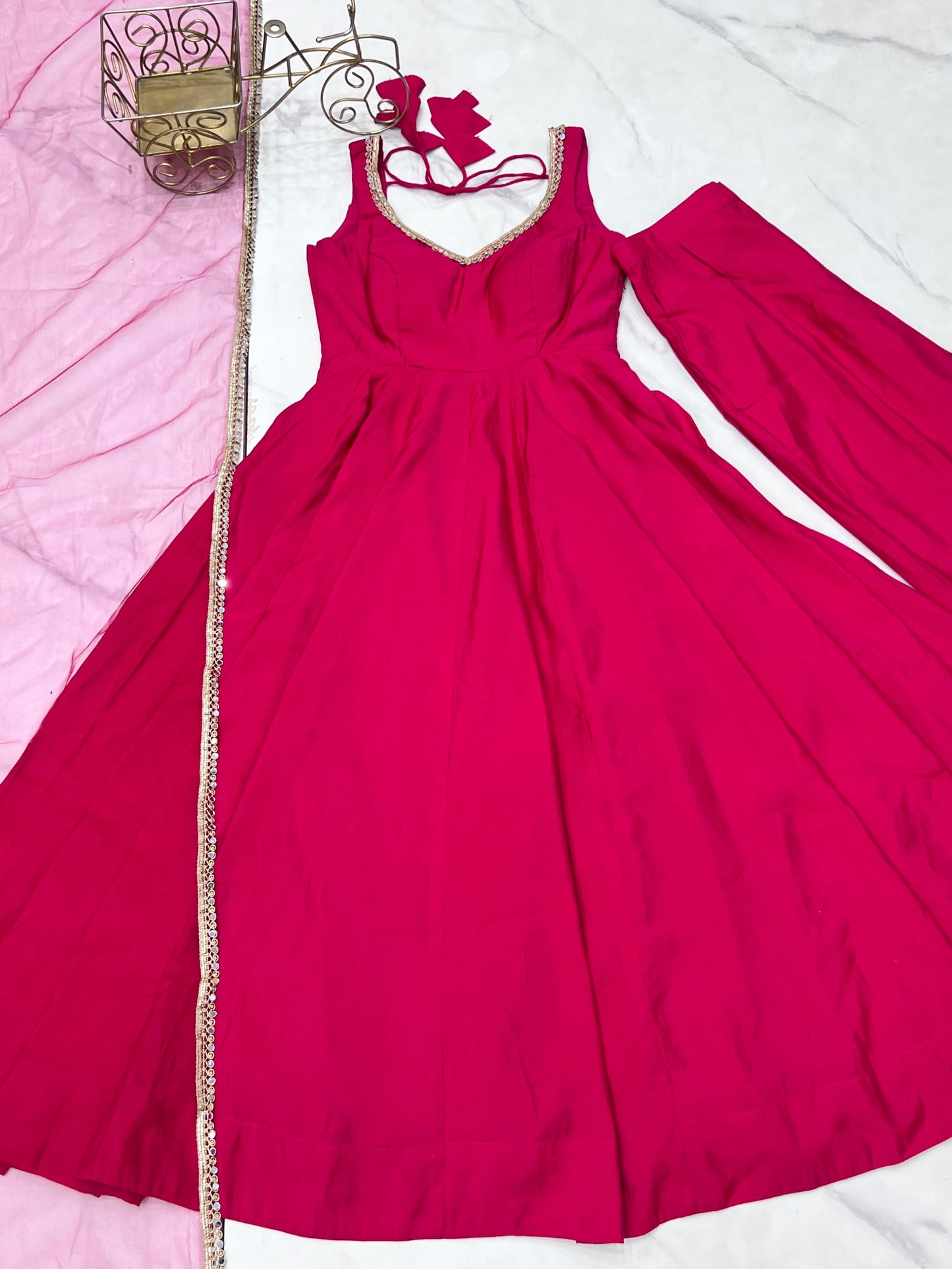 Pink Roman Silk Chanderi Anarkali Set – Fully Stitched & Ready to Wear