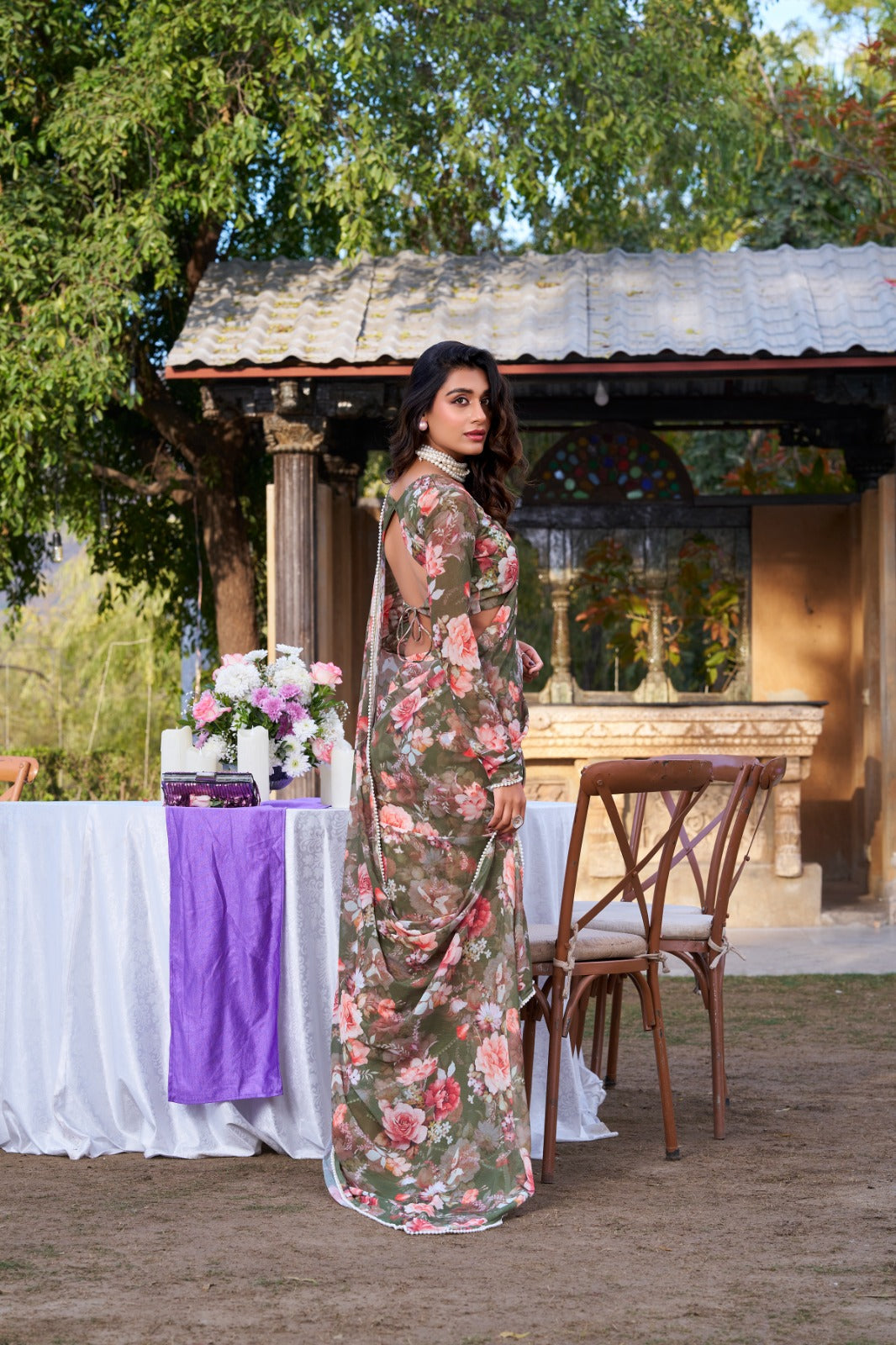 Radiant Georgette Floral Digital Printed Pearl Lace Worked Saree - ETHNICDEAL