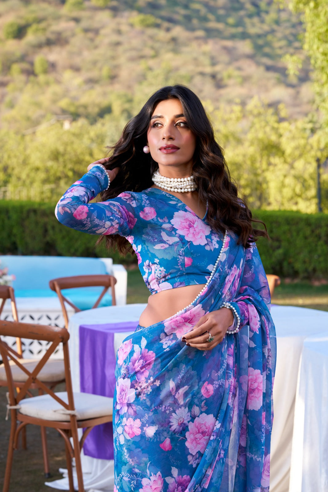 Radiant Georgette Floral Digital Printed Pearl Lace Worked Saree - ETHNICDEAL