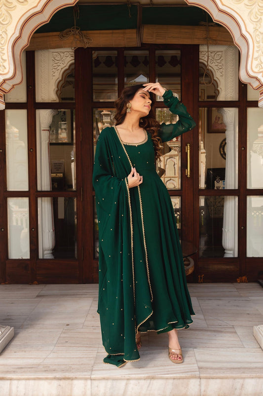 Green Georgette Anarkali Suit Set with Pearl Border Dupatta
