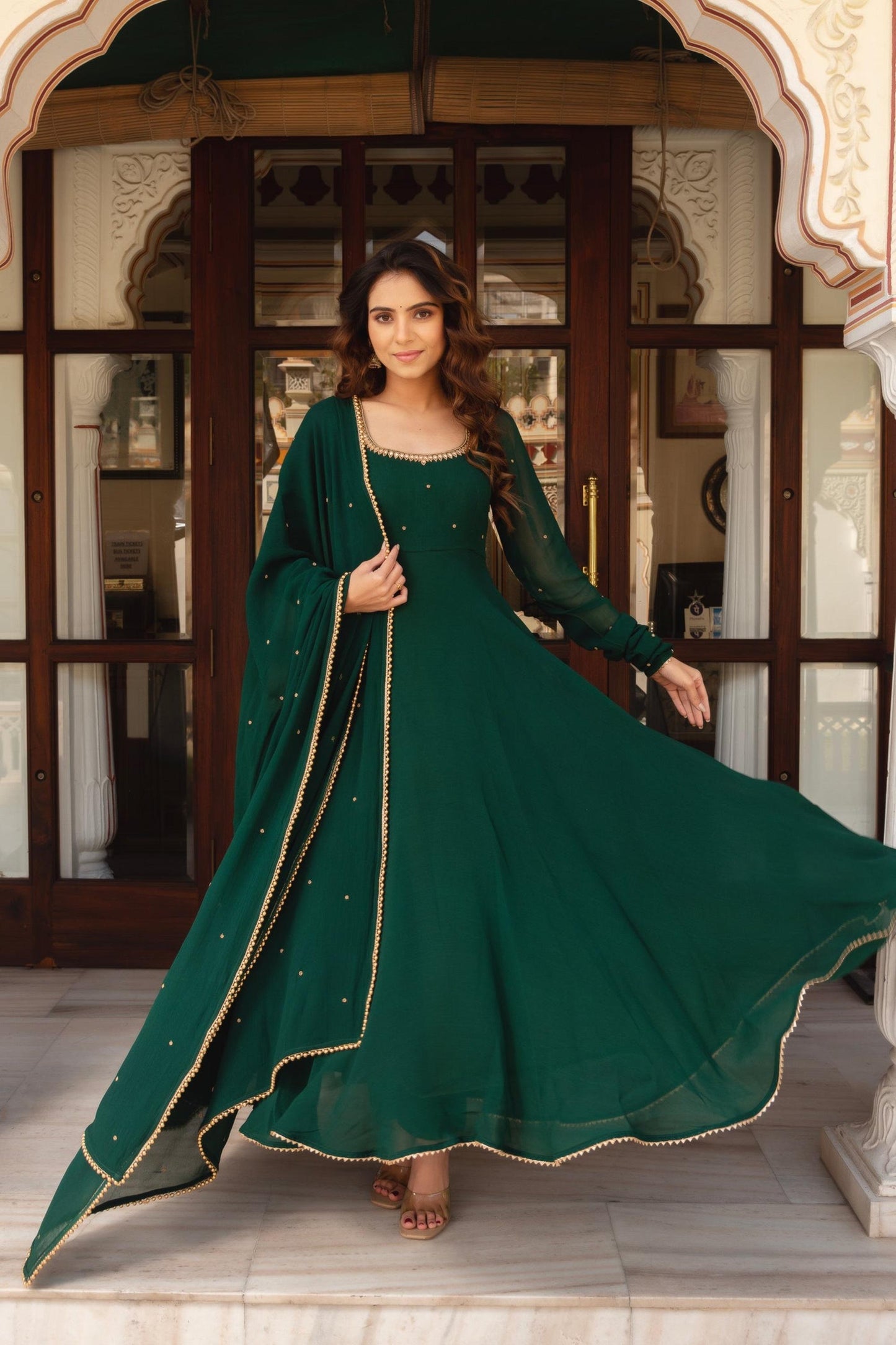 Green Georgette Anarkali Suit Set with Pearl Border Dupatta