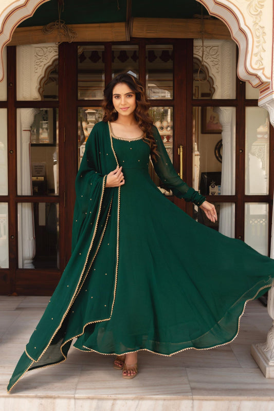 Green Georgette Anarkali Suit Set with Pearl Border Dupatta