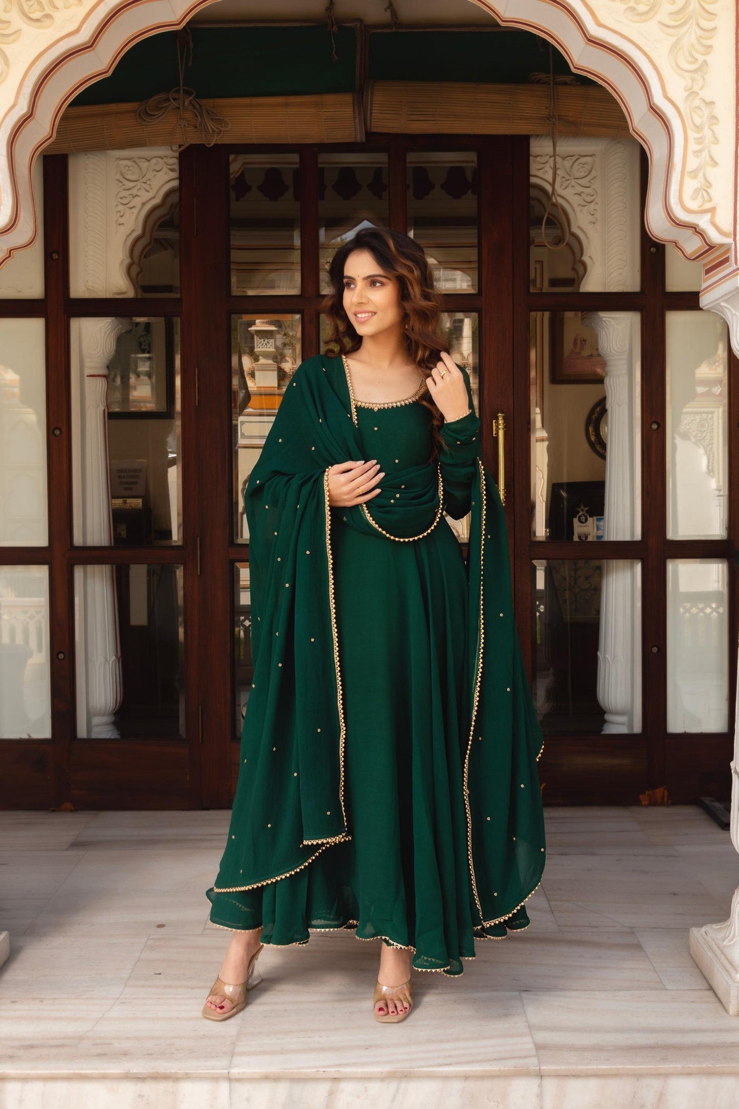 Green Georgette Anarkali Suit Set with Pearl Border Dupatta