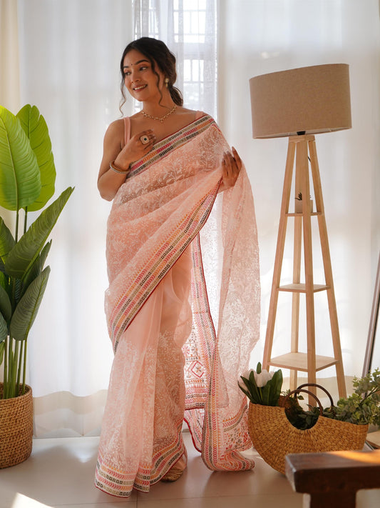 Gorgeous Organza Lucknowi Cotton Thread Embroidered Worked Saree - Ethnicwish