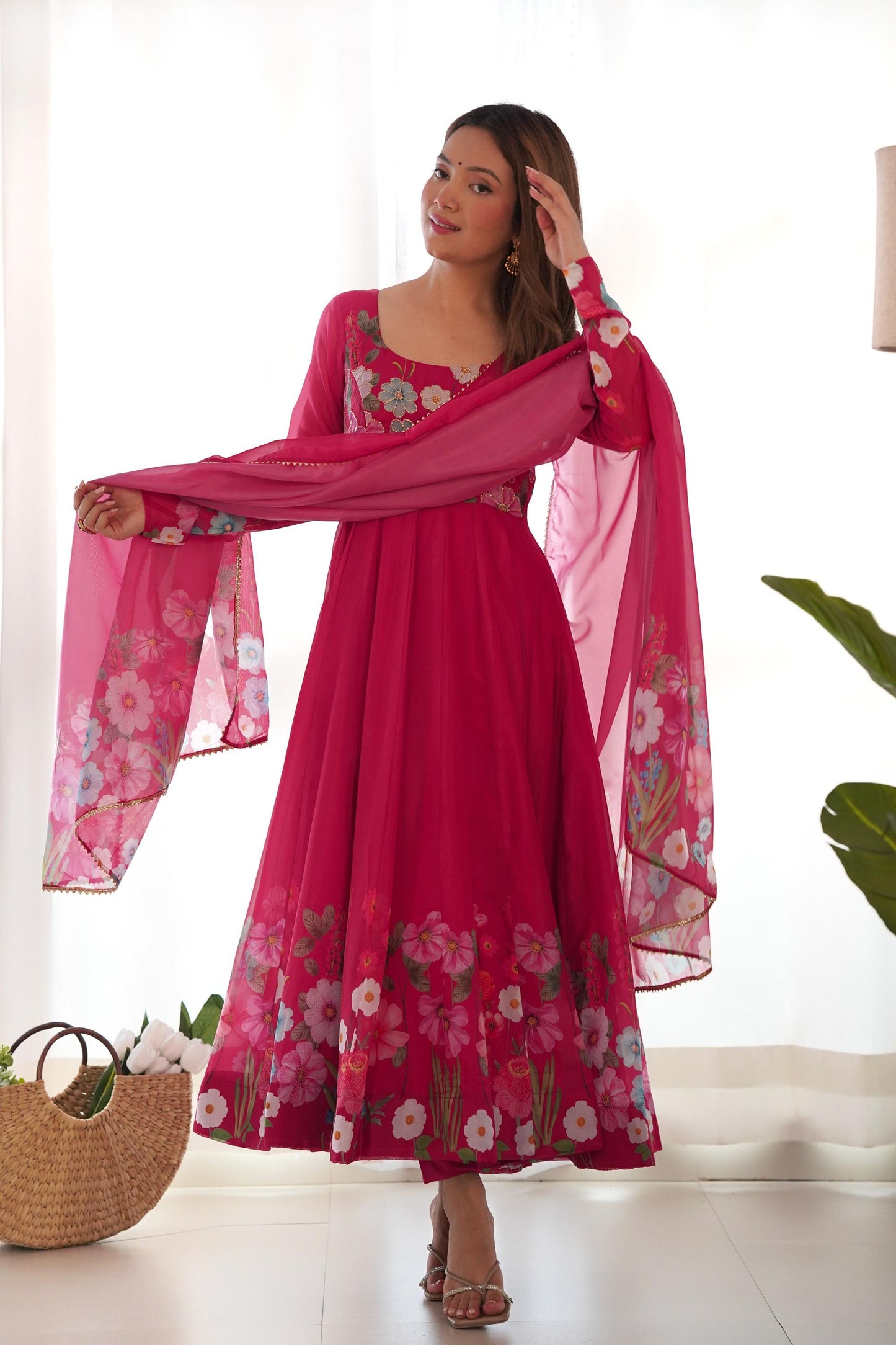 Beet Red Flower Print Organza Silk Anarkali Suit Set