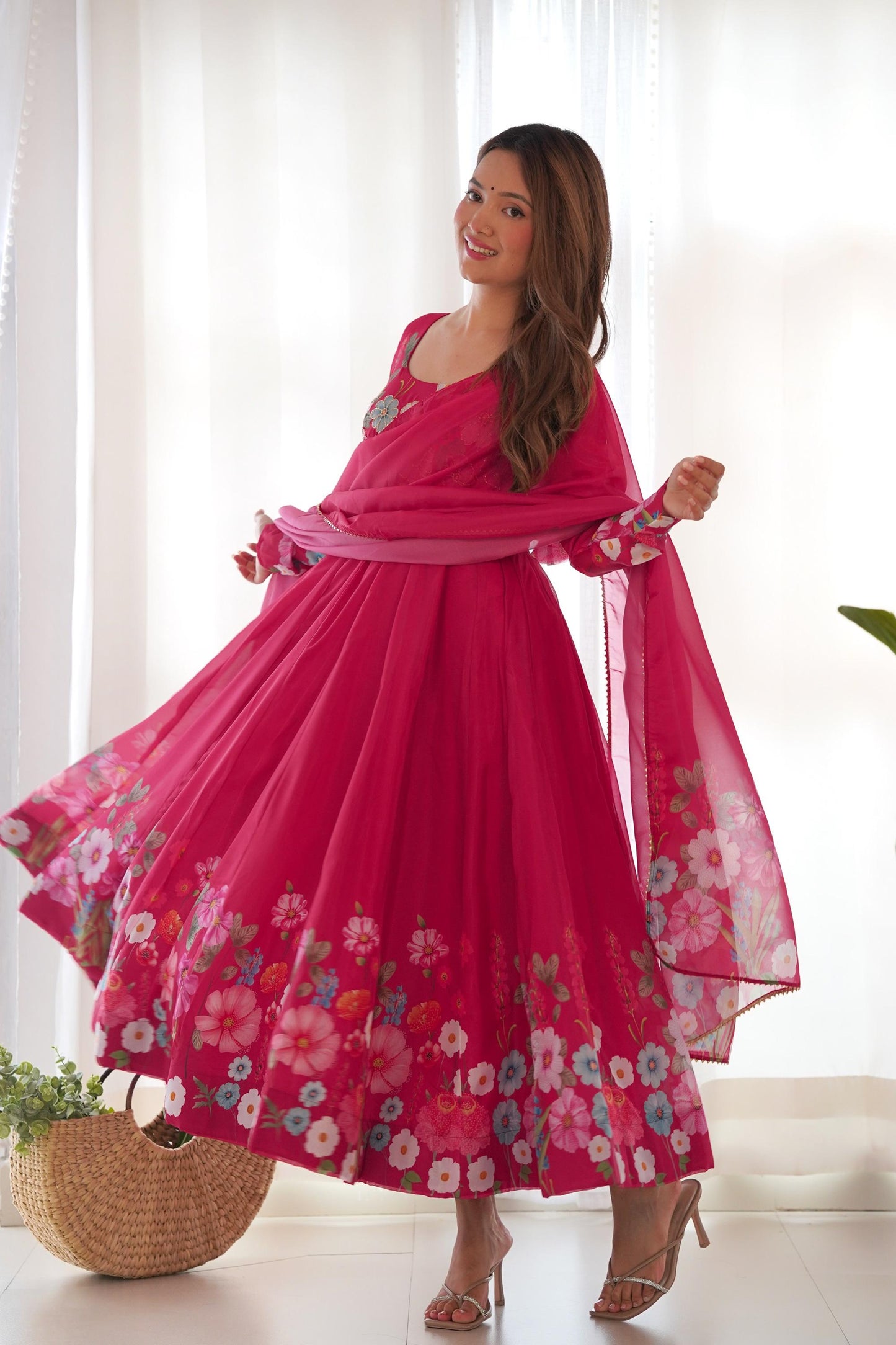 Beet Red Flower Print Organza Silk Anarkali Suit Set