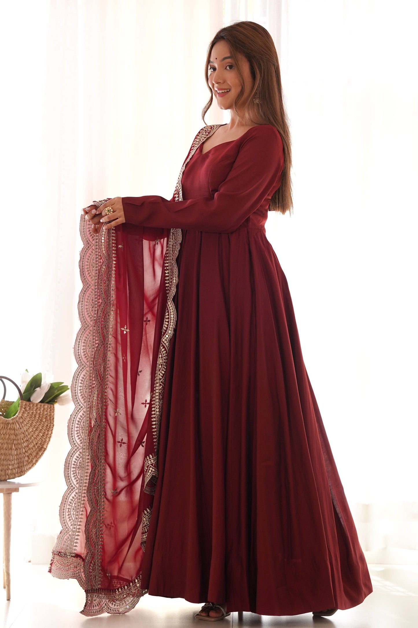 Elegant Maroon Roman Chanderi Silk Anarkali Set with Dupatta and Pants