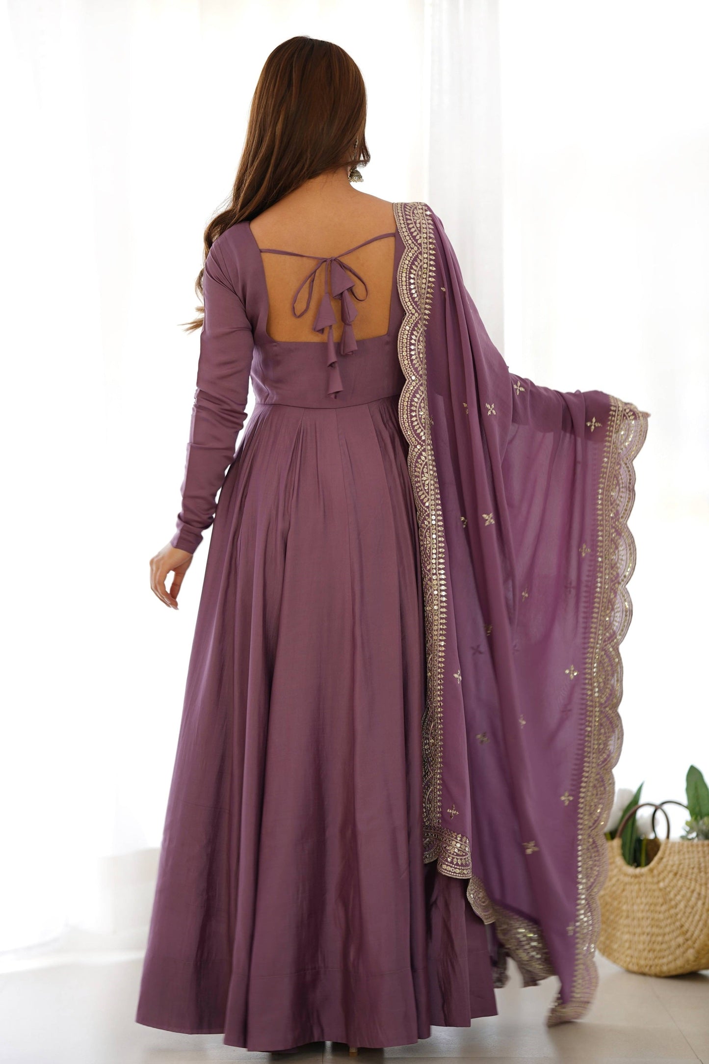 Mauve Pure Romansilk Chanderi Anarkali Suit with Embroidered Dupatta
