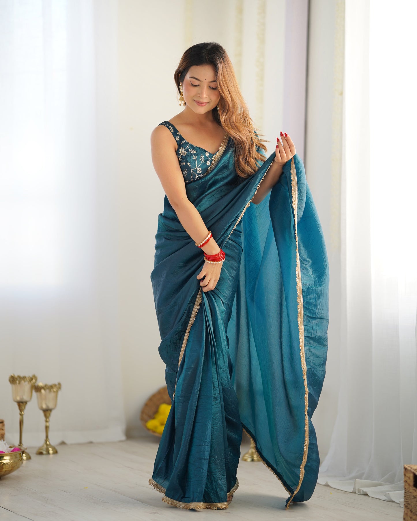Alluring Teal Blue Crush Tissue Silk Ready To Wear Saree - Ethnicwish
