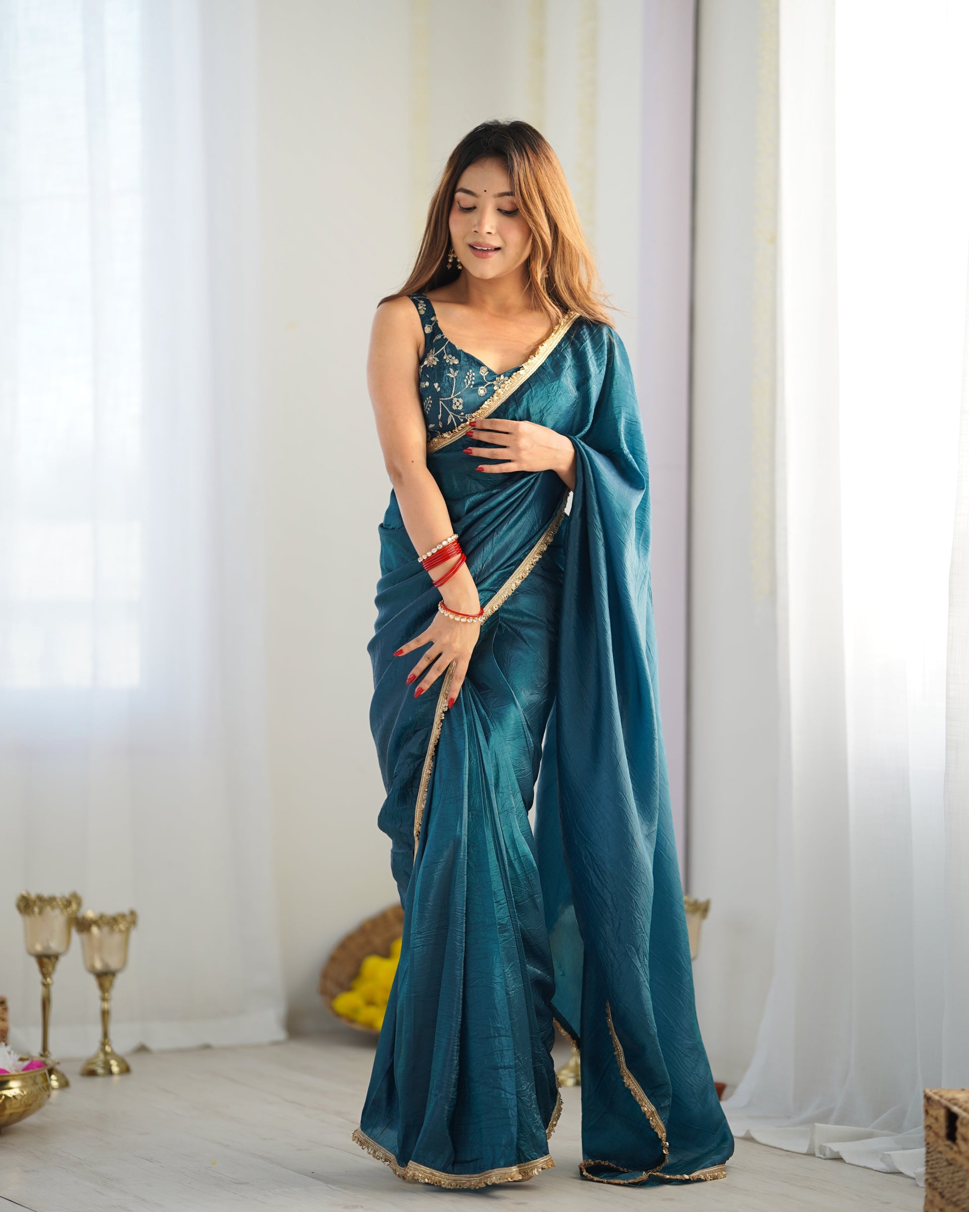 Alluring Teal Blue Crush Tissue Silk Ready To Wear Saree - Ethnicwish