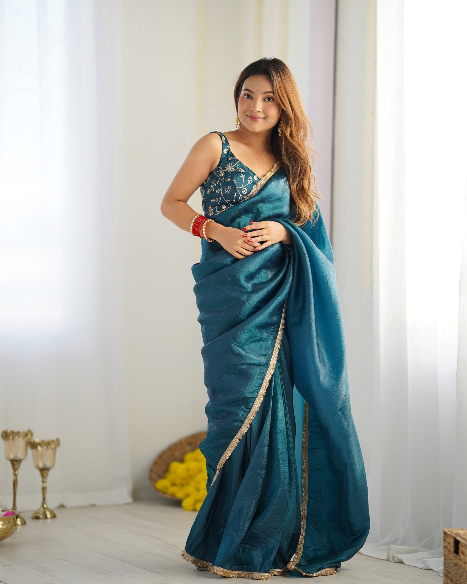Alluring Teal Blue Crush Tissue Silk Ready To Wear Saree - Ethnicwish