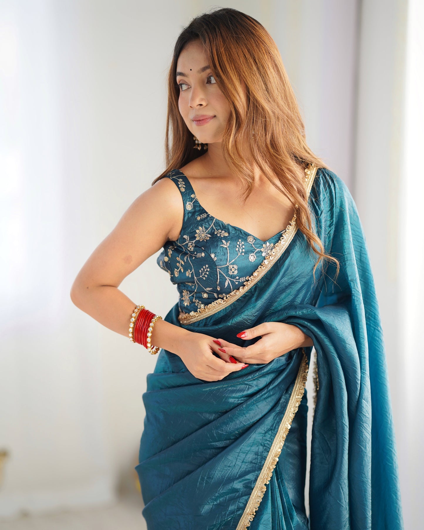 Alluring Teal Blue Crush Tissue Silk Ready To Wear Saree - Ethnicwish