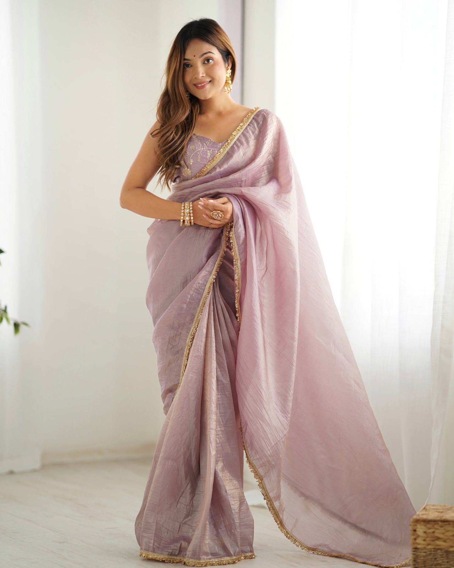 Lovely Light Dusty Mauve Gold Crush Tissue Silk Ready To Wear Saree - Ethnicwish