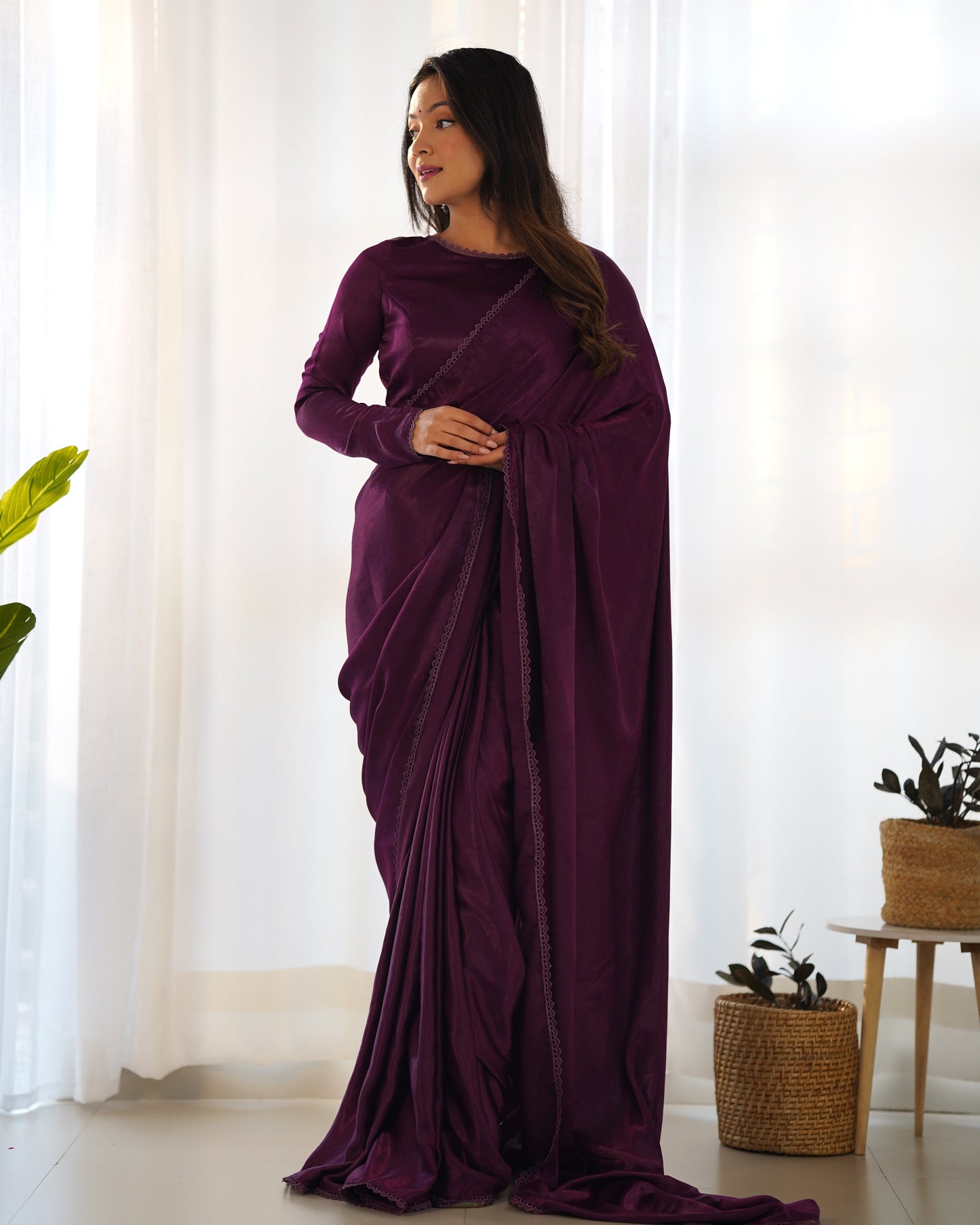 Radiant Wine Premium Marble Velvet Ready To Wear Saree - Ethnicwish