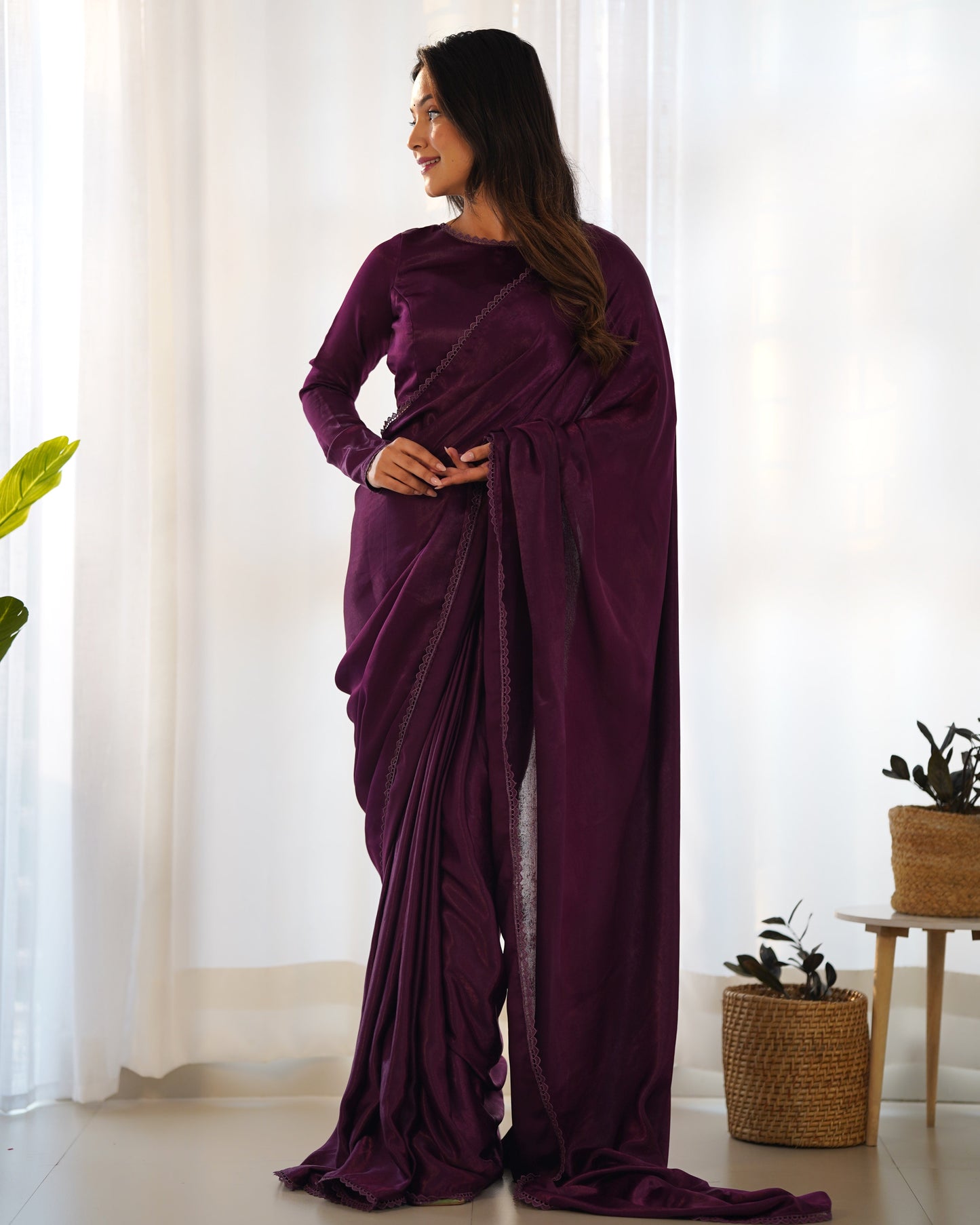 Radiant Wine Premium Marble Velvet Ready To Wear Saree - Ethnicwish