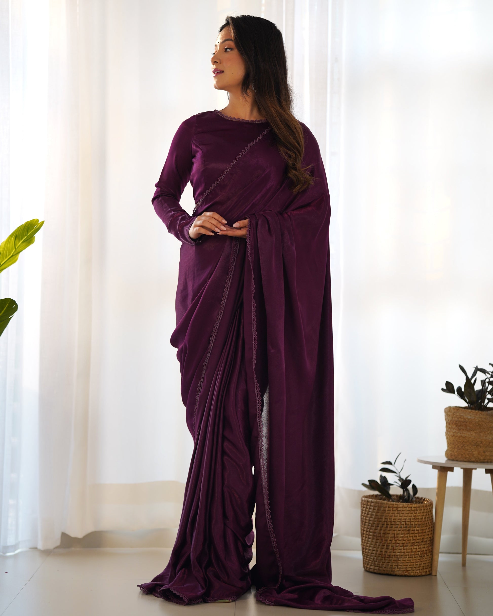 Radiant Wine Premium Marble Velvet Ready To Wear Saree - Ethnicwish