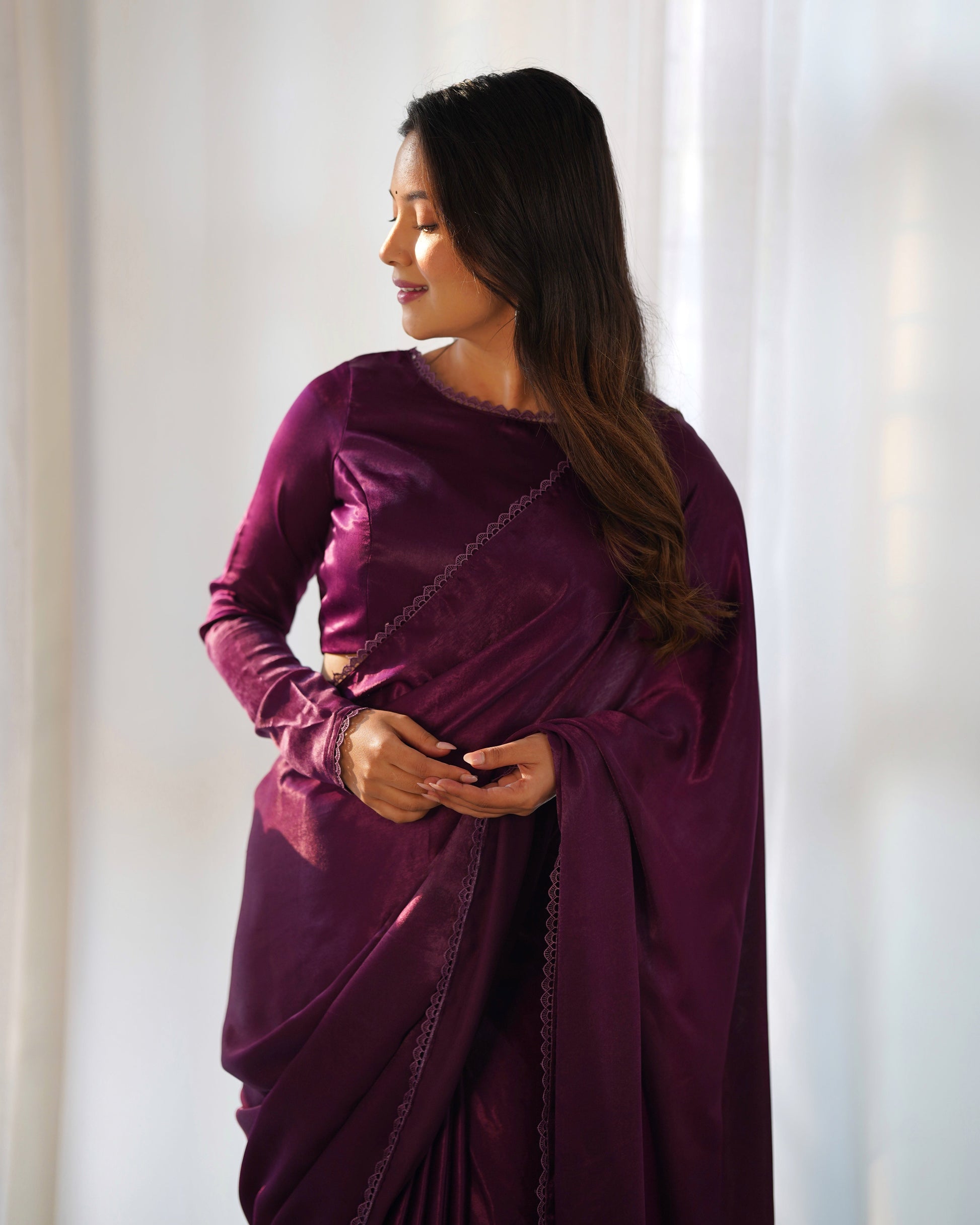 Radiant Wine Premium Marble Velvet Ready To Wear Saree - Ethnicwish