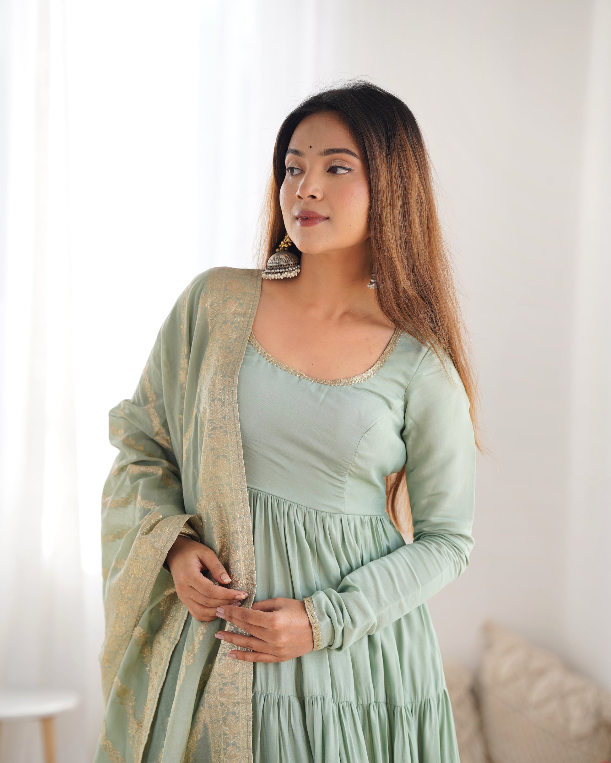 Elegant Pure Roman Silk 9 Mtr Flared Designer Anarkali Suit - Ethnicwish