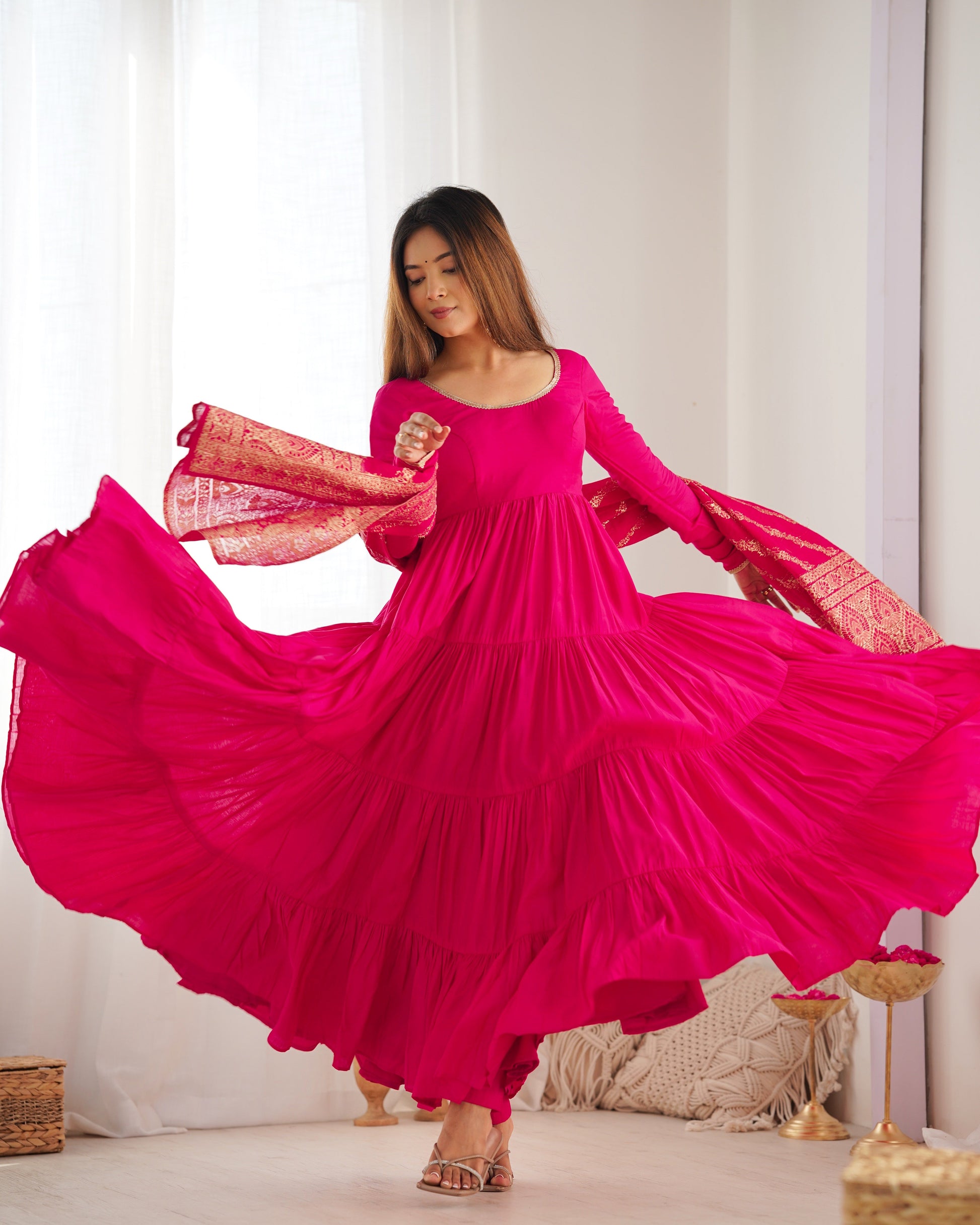 Elegant Pure Roman Silk 9 Mtr Flared Designer Anarkali Suit - Ethnicwish