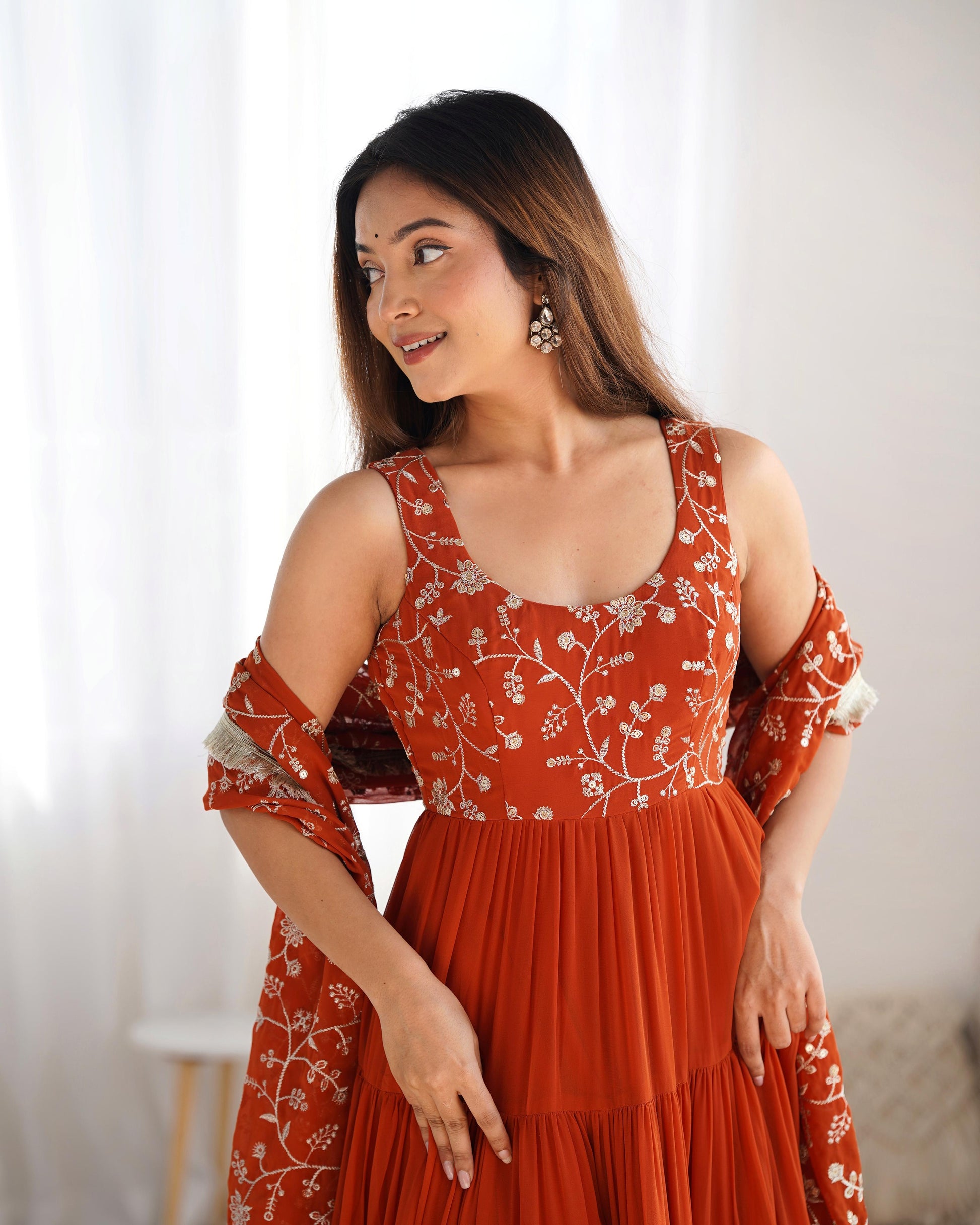 Regal Elegance in Every Twirl – Premium Rust Anarkali Set - Ethnicwish