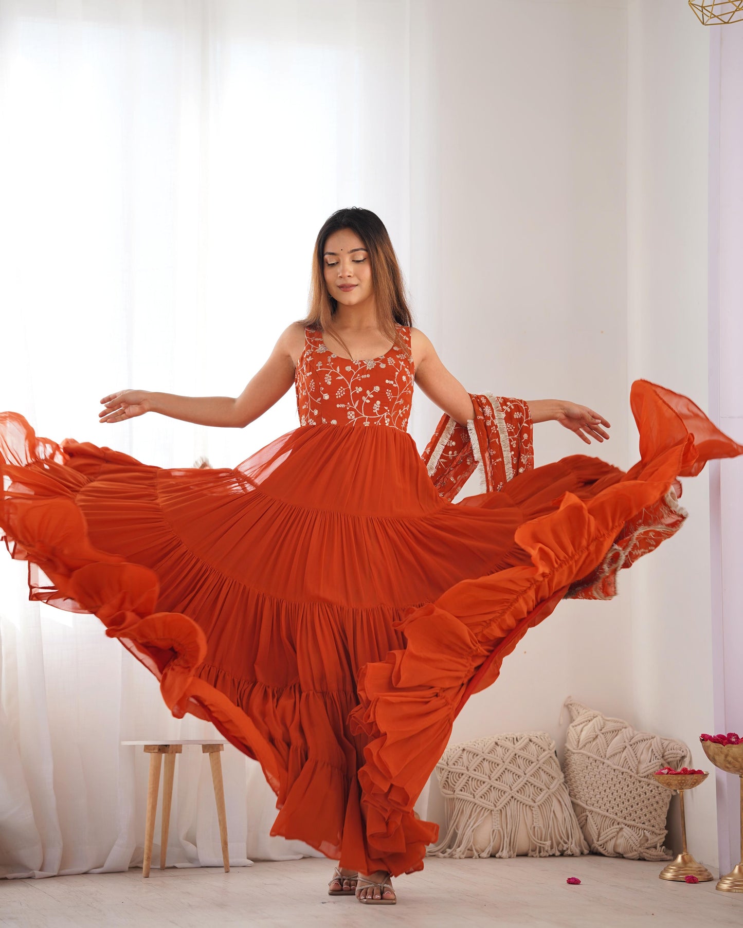 Regal Elegance in Every Twirl – Premium Rust Anarkali Set - Ethnicwish