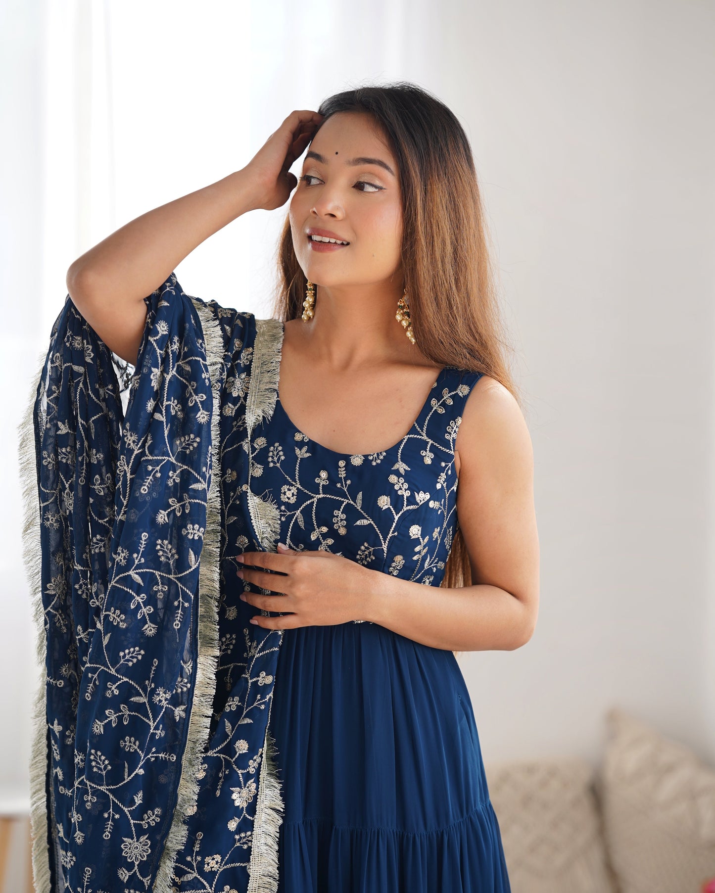 Regal Elegance in Every Twirl – Premium Teal Blue Anarkali Set - Ethnicwish