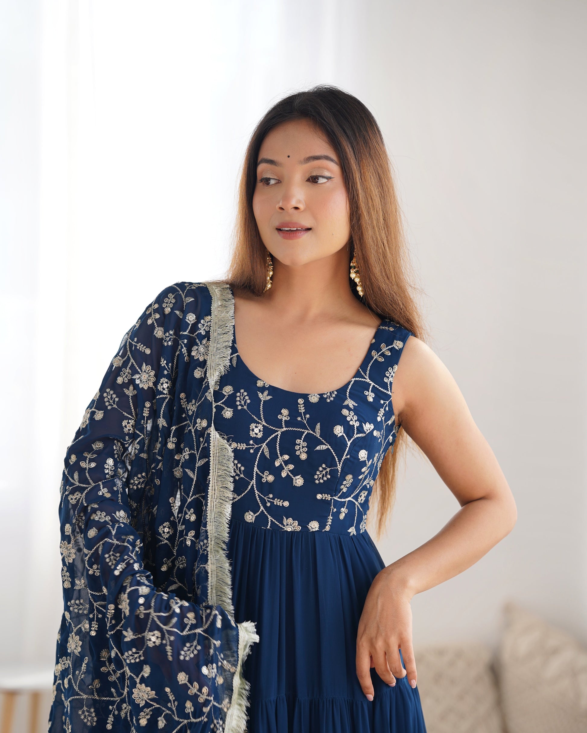 Regal Elegance in Every Twirl – Premium Teal Blue Anarkali Set - INDIAN ELEGANCE