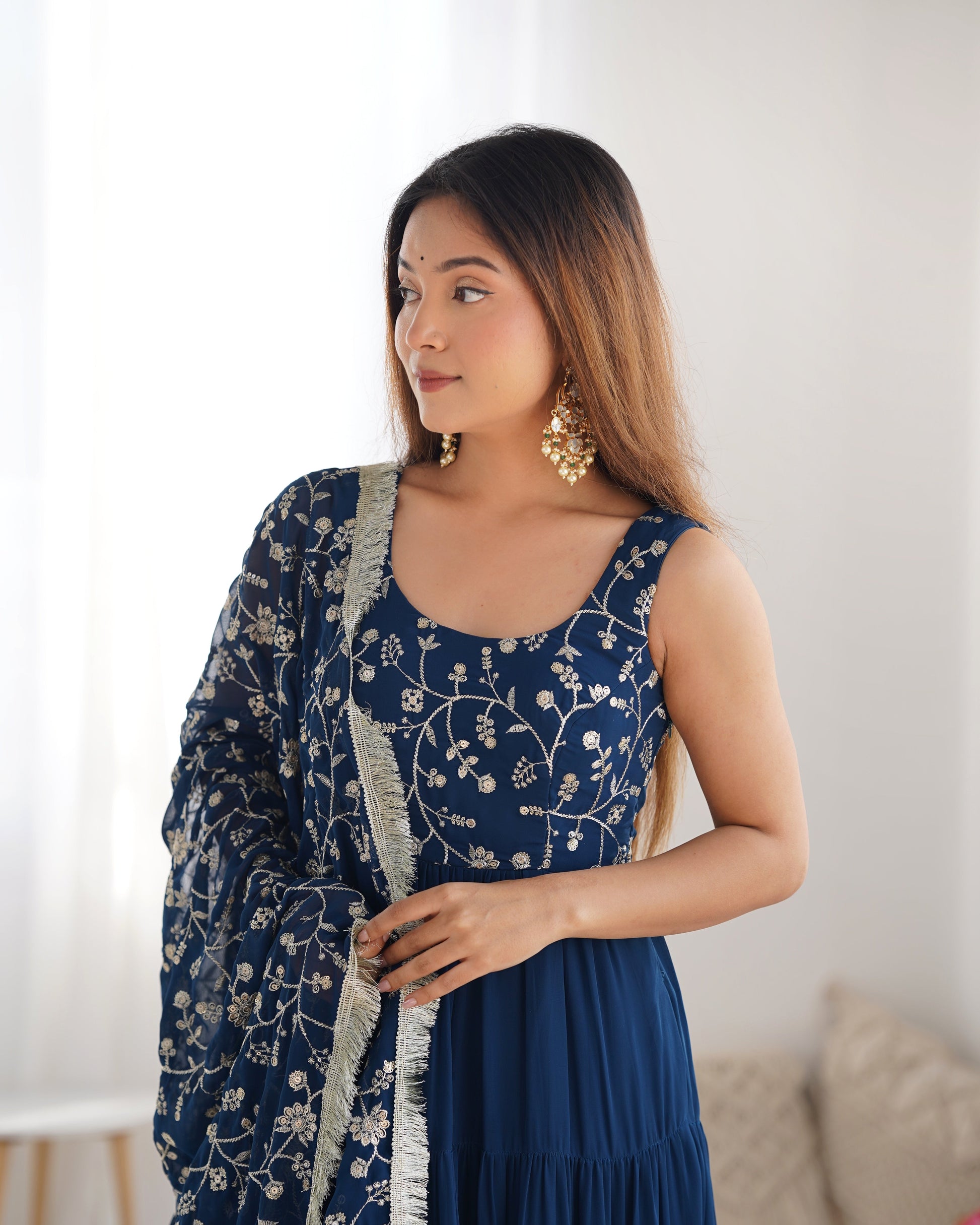 Regal Elegance in Every Twirl – Premium Teal Blue Anarkali Set - INDIAN ELEGANCE