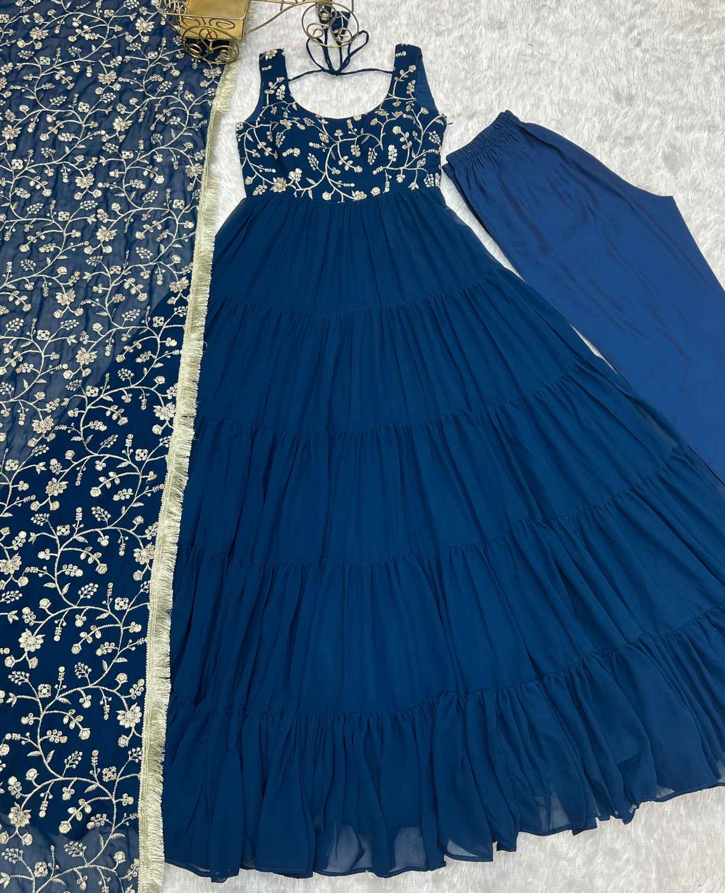 Regal Elegance in Every Twirl – Premium Teal Blue Anarkali Set - INDIAN ELEGANCE