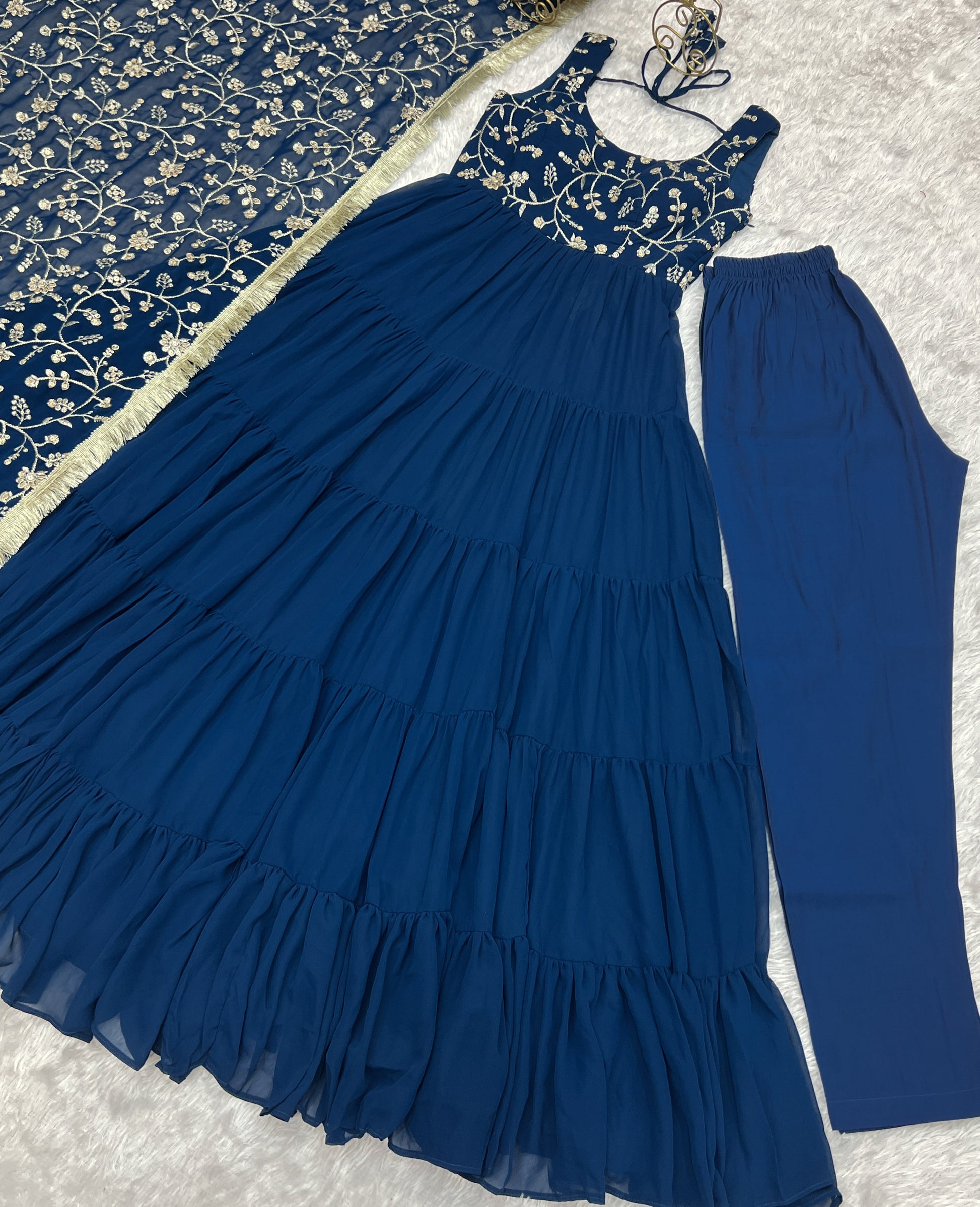 Regal Elegance in Every Twirl – Premium Teal Blue Anarkali Set - Ethnicwish