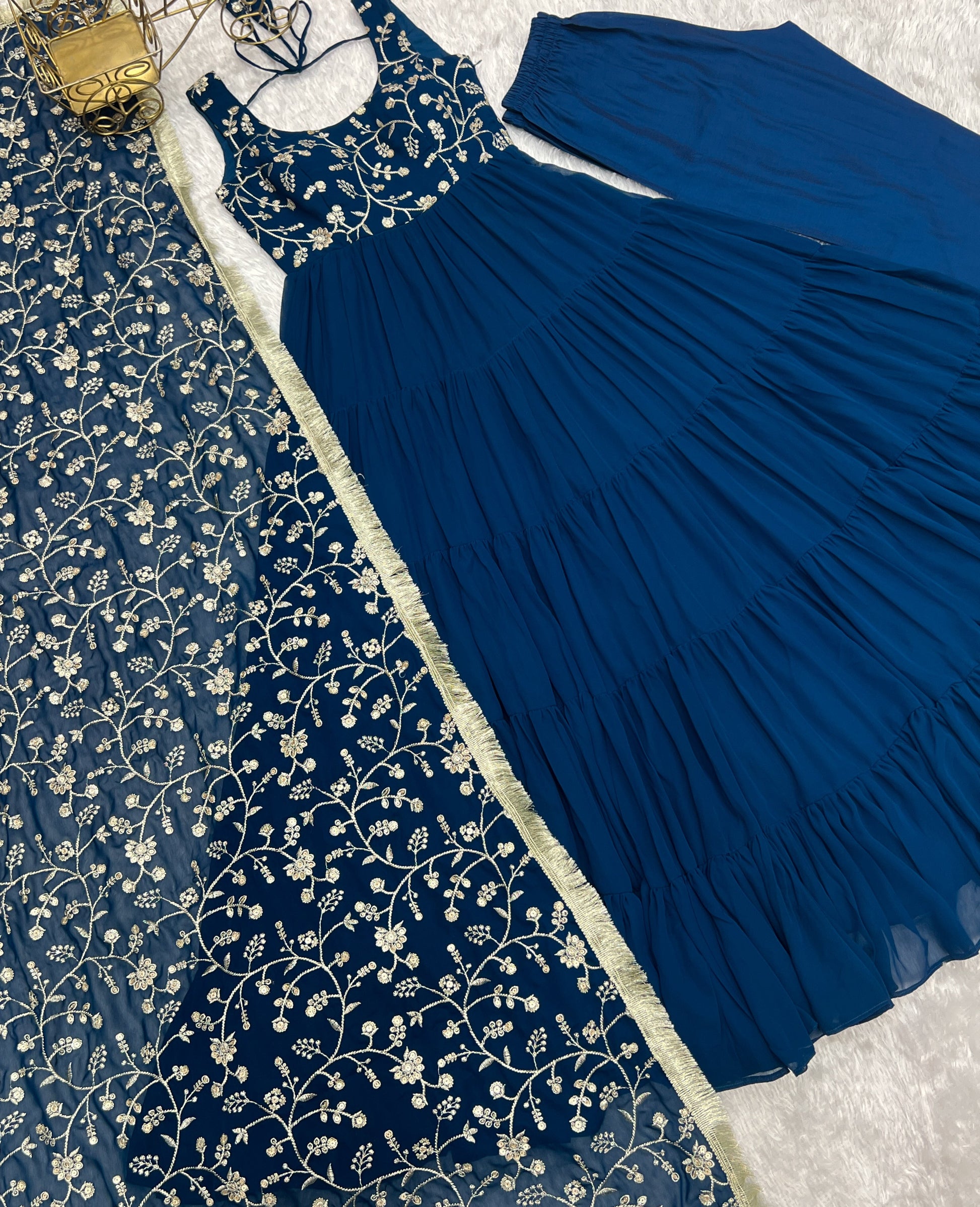 Regal Elegance in Every Twirl – Premium Teal Blue Anarkali Set - INDIAN ELEGANCE