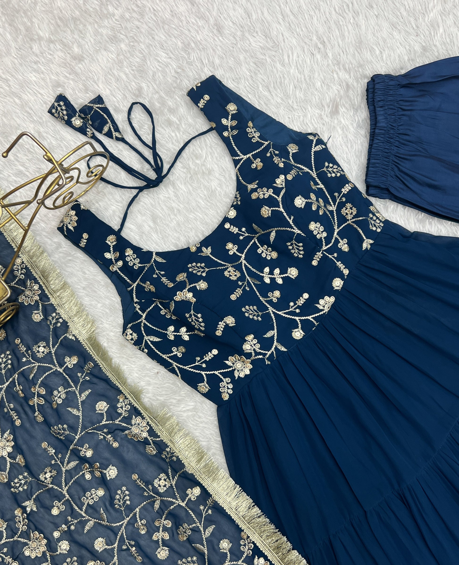 Regal Elegance in Every Twirl – Premium Teal Blue Anarkali Set - Ethnicwish