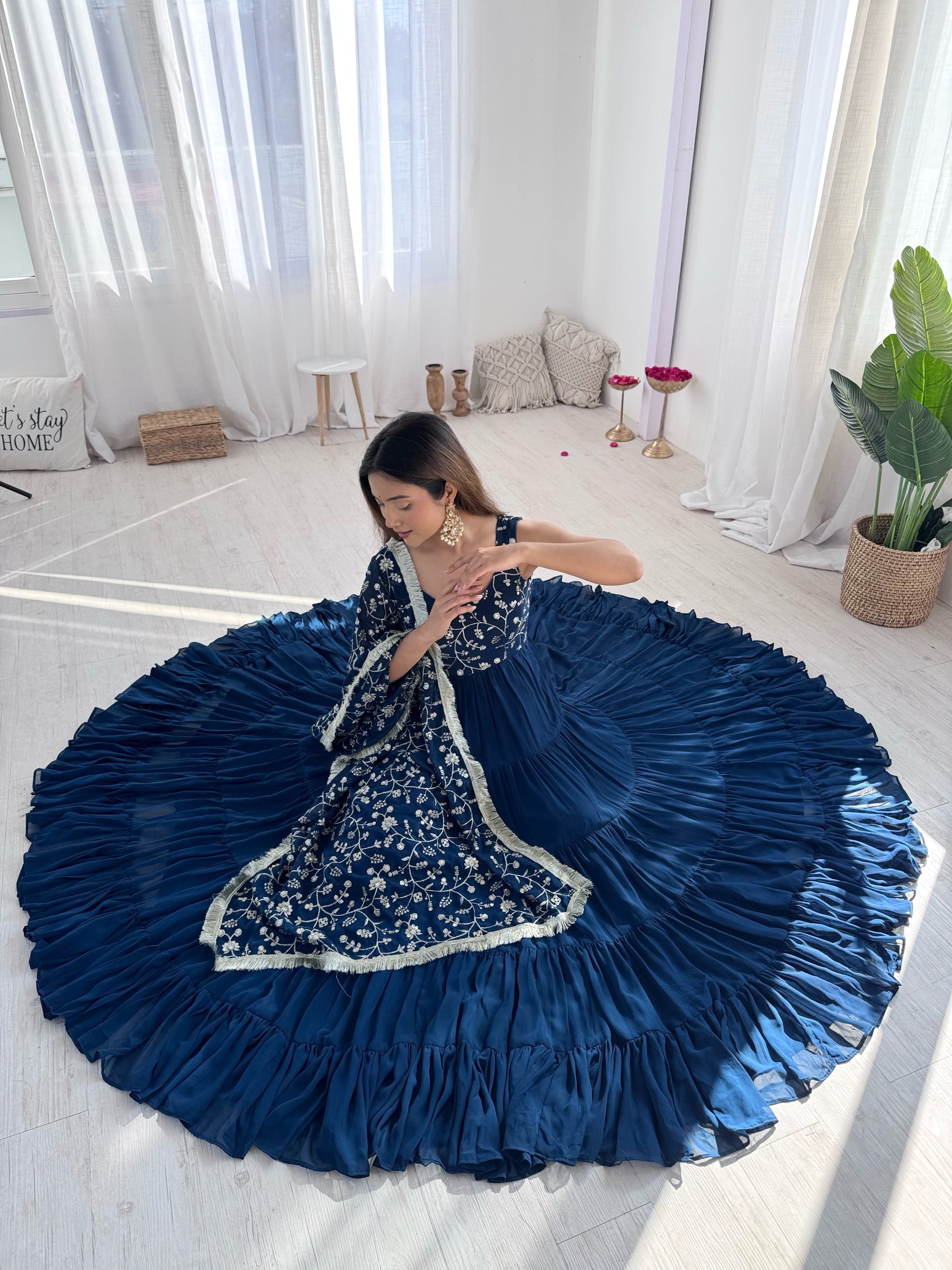 Regal Elegance in Every Twirl – Premium Teal Blue Anarkali Set - INDIAN ELEGANCE