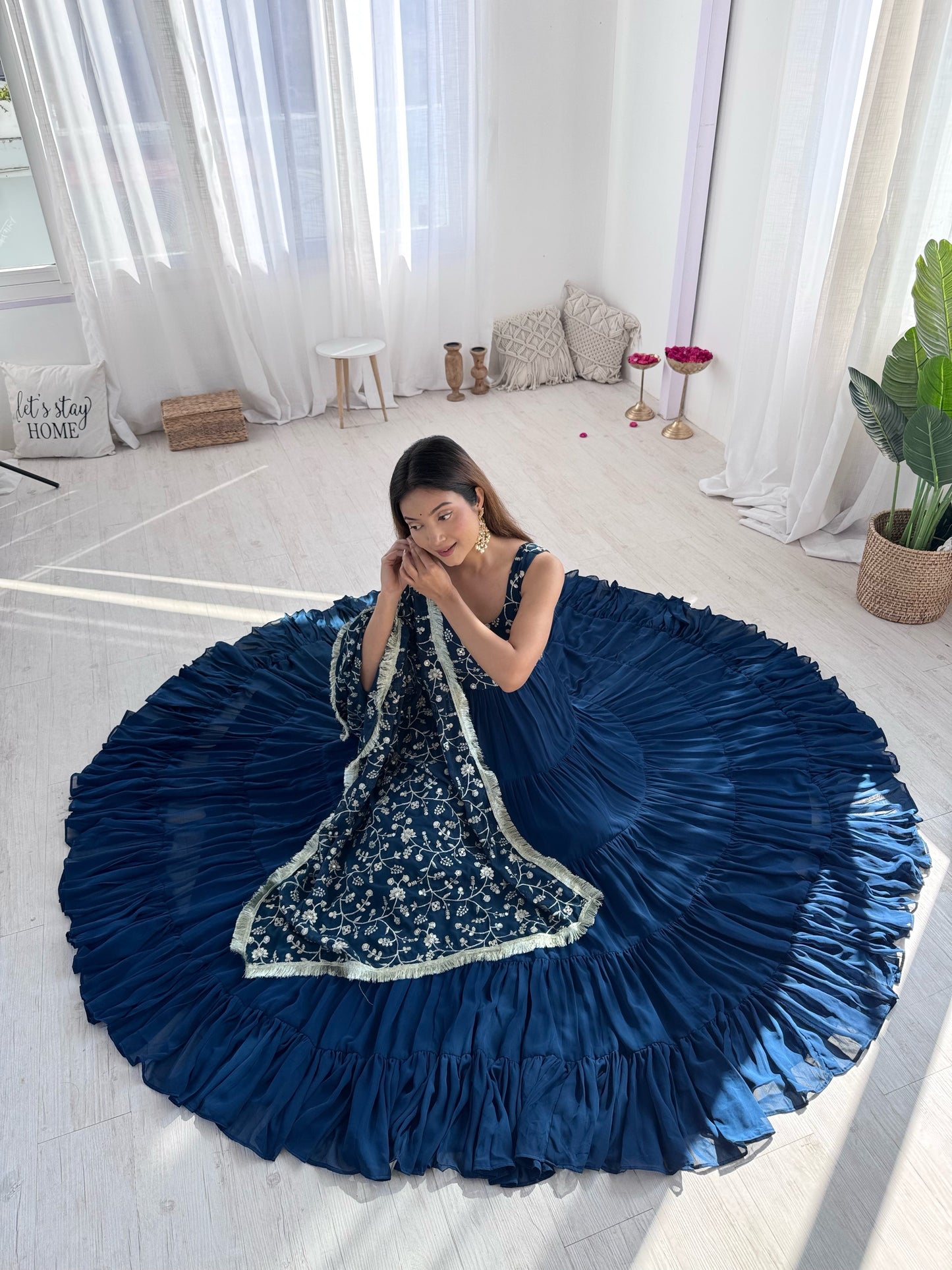 Regal Elegance in Every Twirl – Premium Teal Blue Anarkali Set - INDIAN ELEGANCE