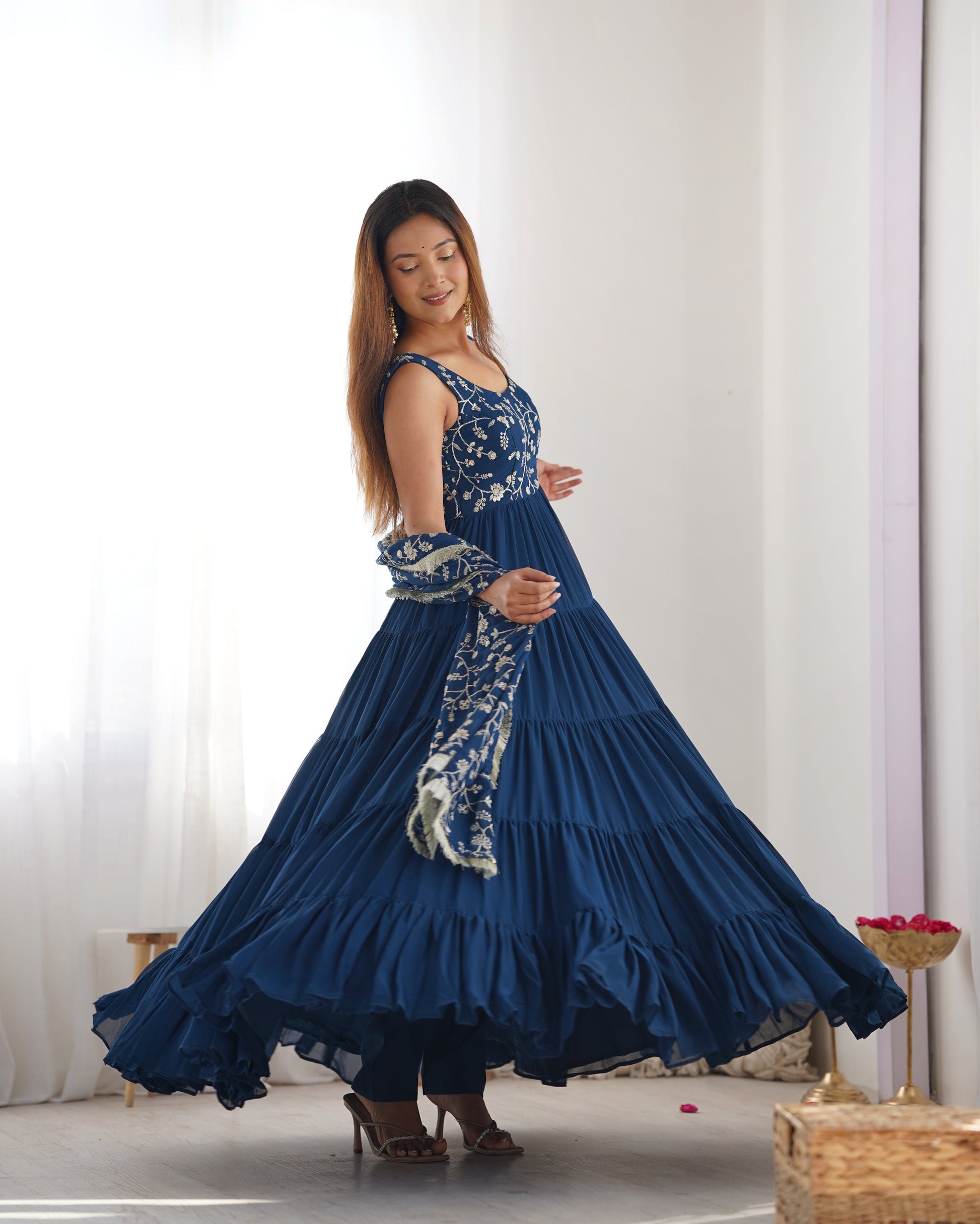 Regal Elegance in Every Twirl – Premium Teal Blue Anarkali Set - INDIAN ELEGANCE