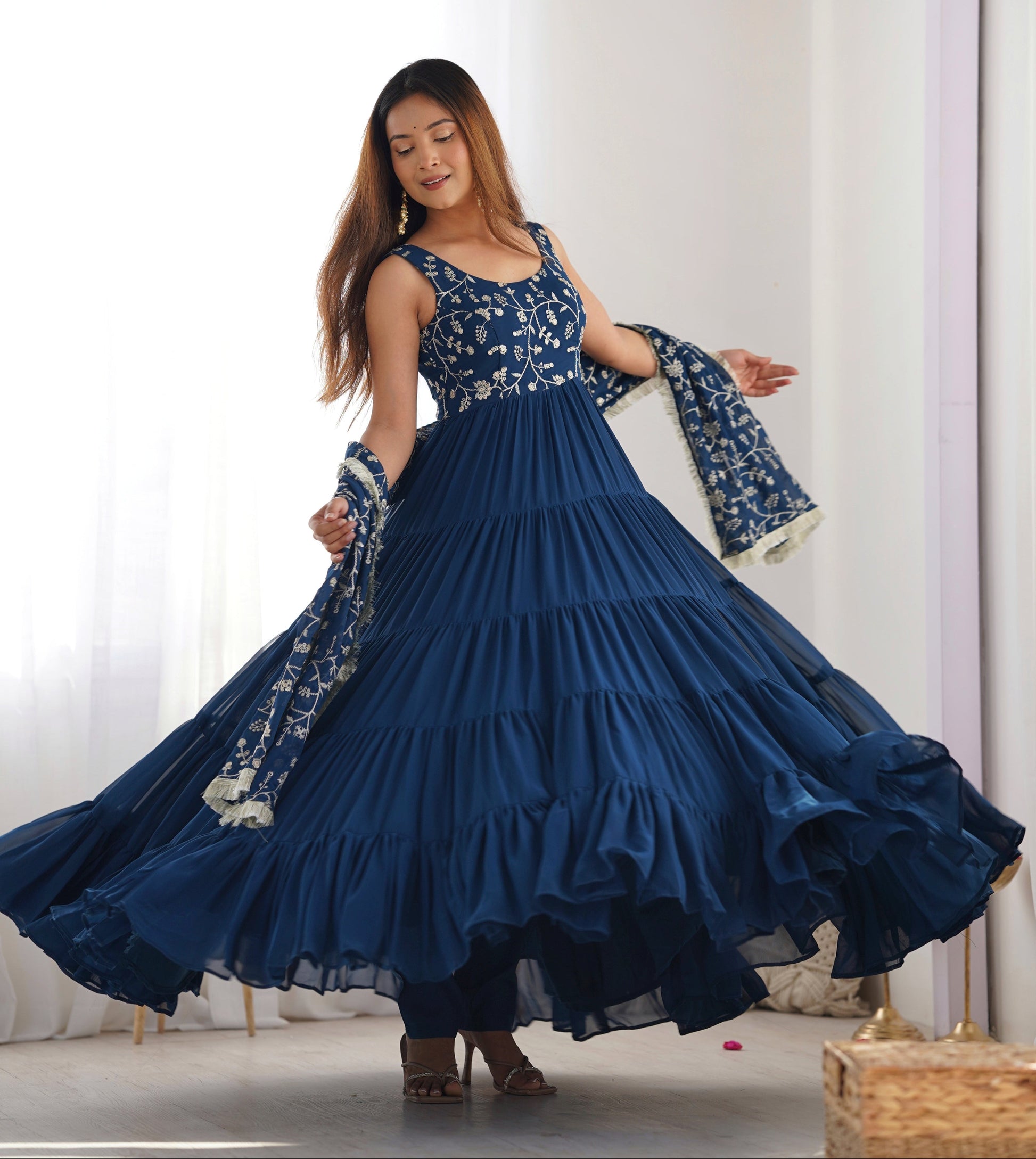 Regal Elegance in Every Twirl – Premium Teal Blue Anarkali Set - Ethnicwish