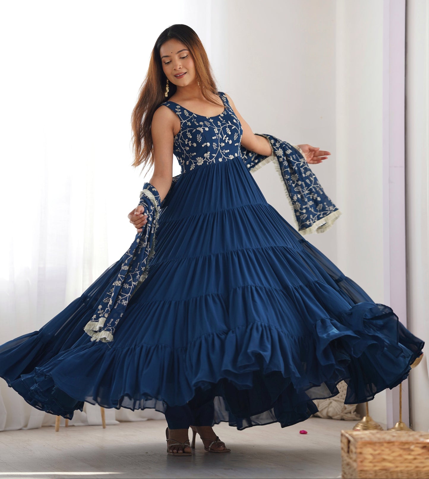 Regal Elegance in Every Twirl – Premium Teal Blue Anarkali Set - INDIAN ELEGANCE
