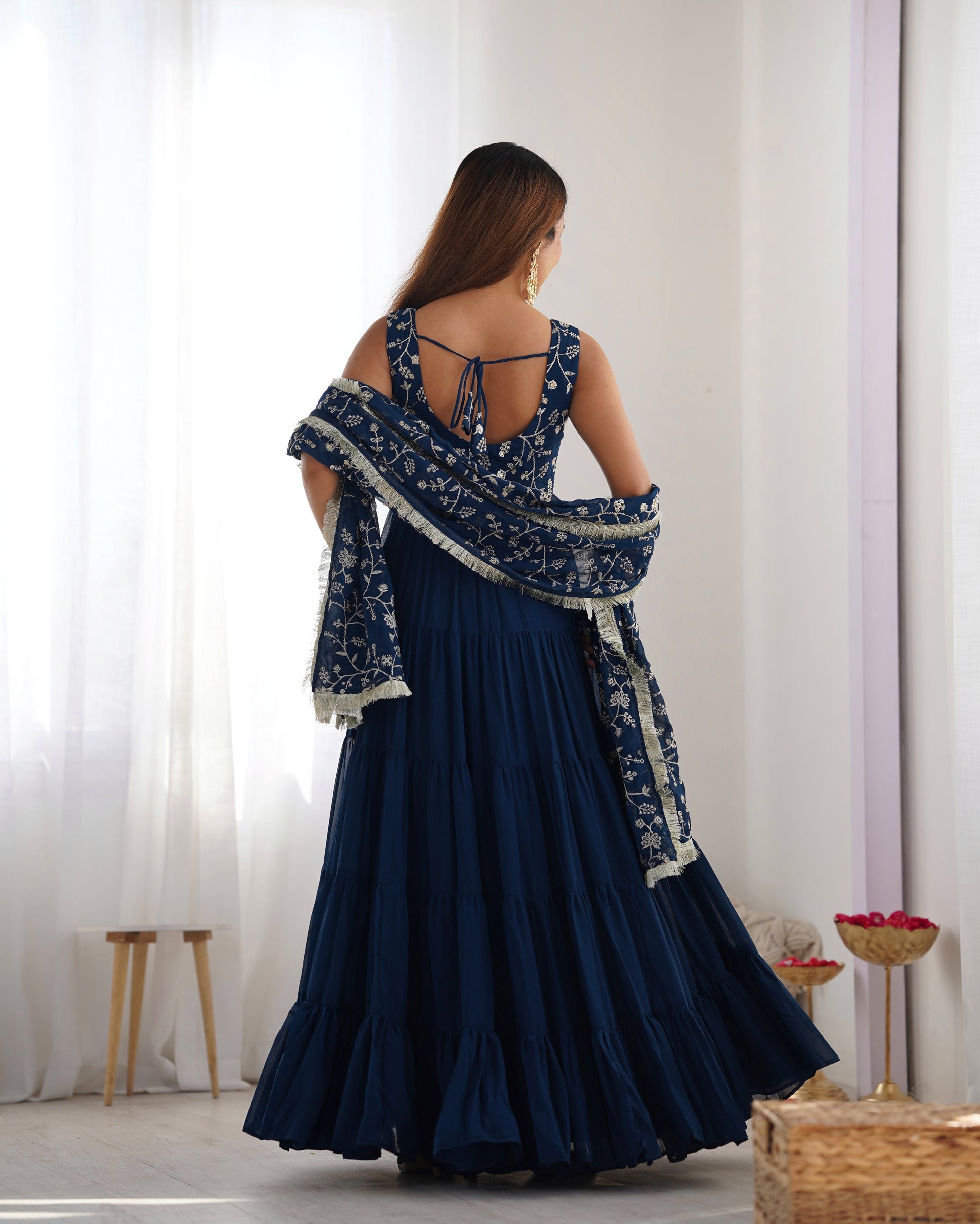 Regal Elegance in Every Twirl – Premium Teal Blue Anarkali Set - INDIAN ELEGANCE