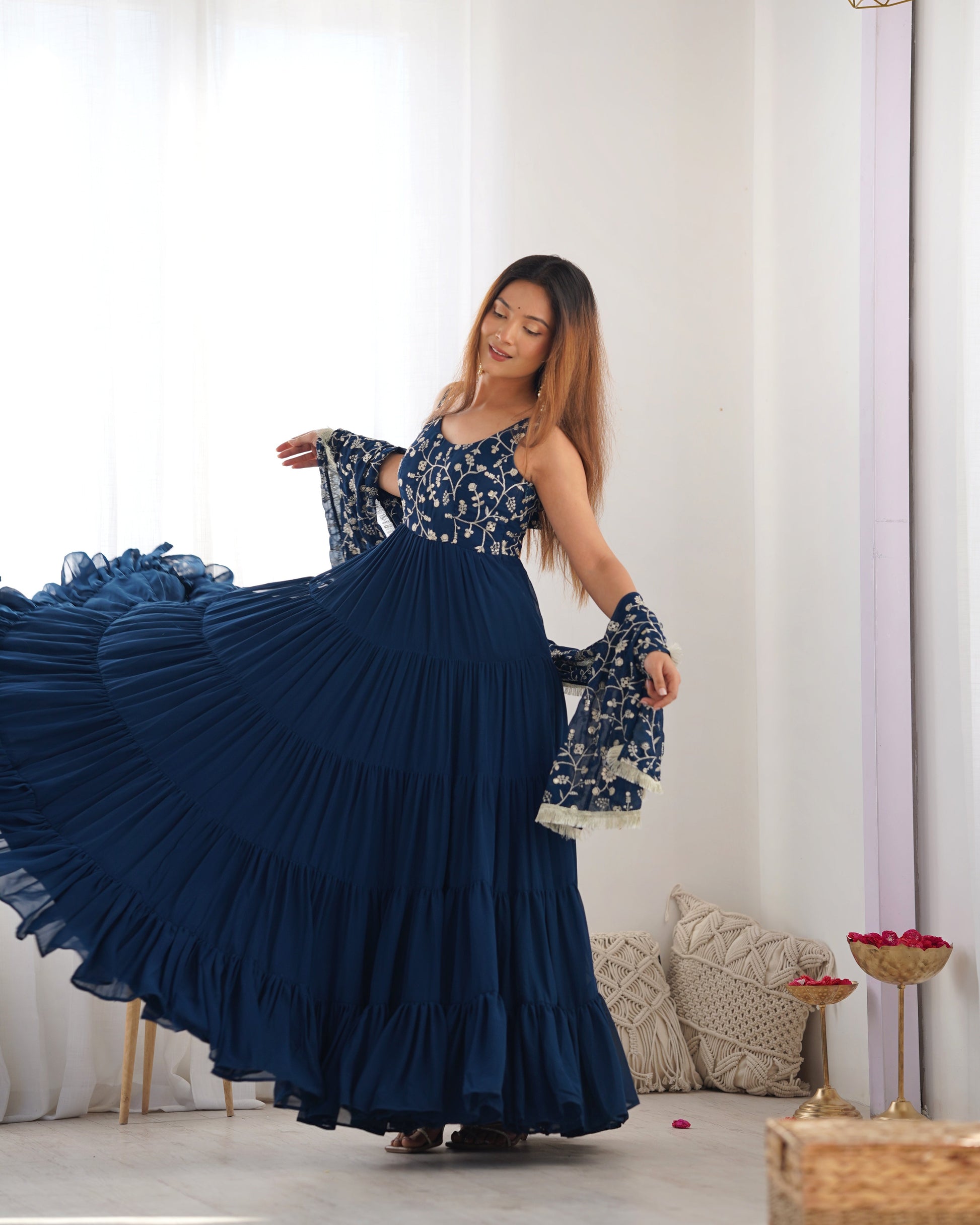 Regal Elegance in Every Twirl – Premium Teal Blue Anarkali Set - INDIAN ELEGANCE