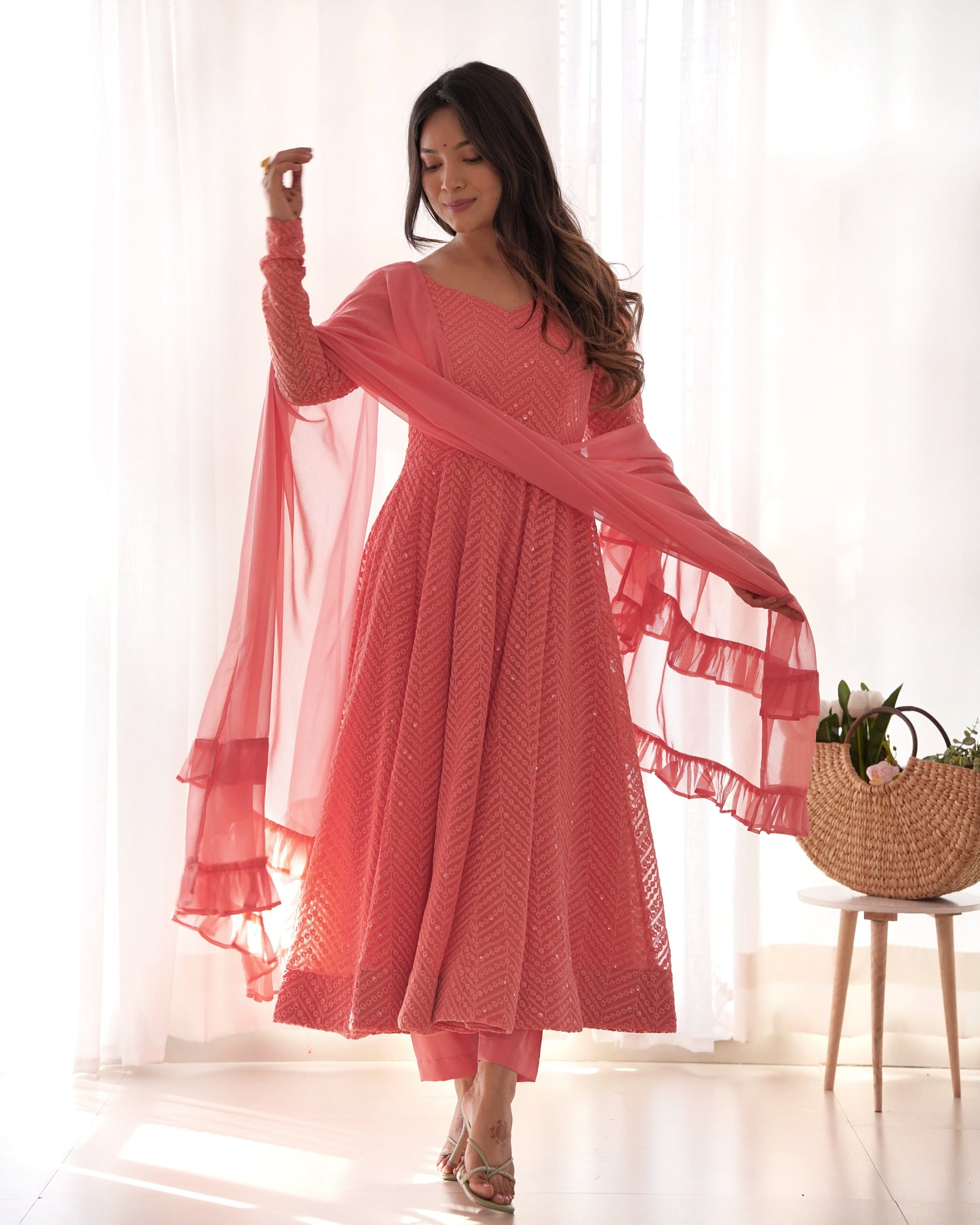 Arresting Pure Soft Georgette Lucknowi Sequins Embroidered Anarkali Pant Suit