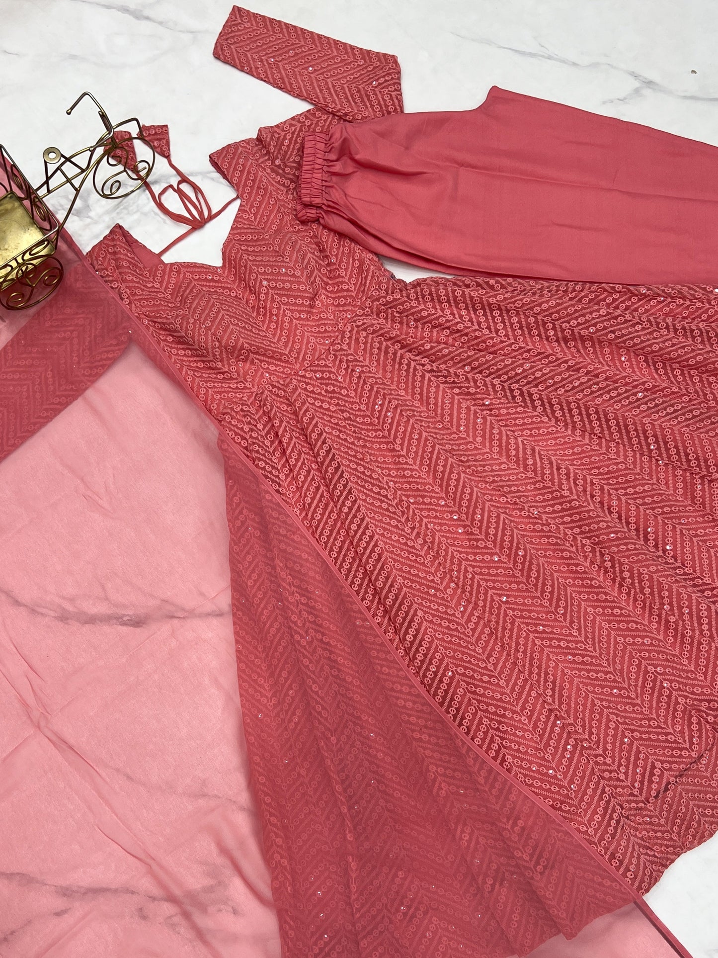 Arresting Pure Soft Georgette Lucknowi Sequins Embroidered Anarkali Pant Suit