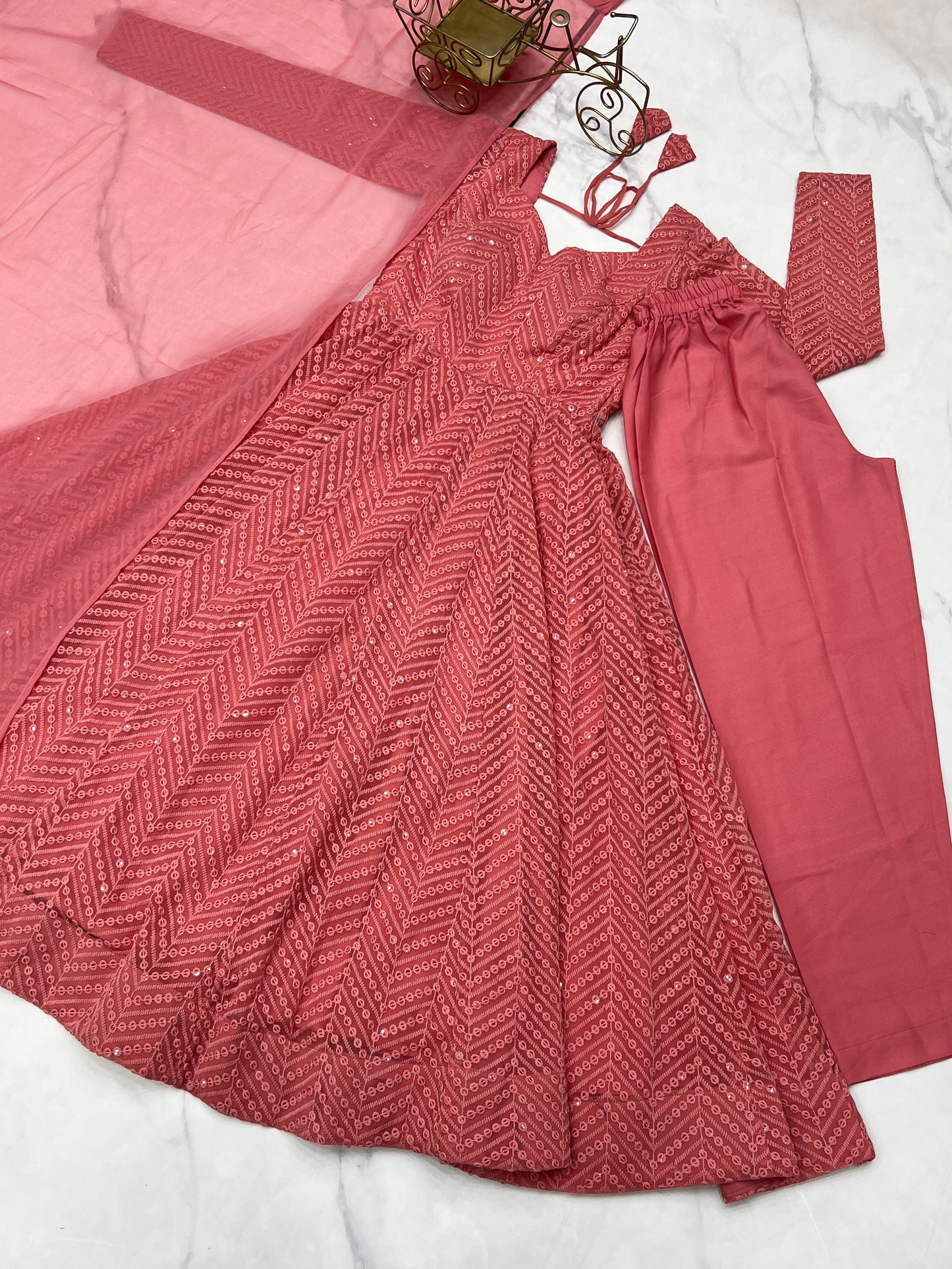 Arresting Pure Soft Georgette Lucknowi Sequins Embroidered Anarkali Pant Suit